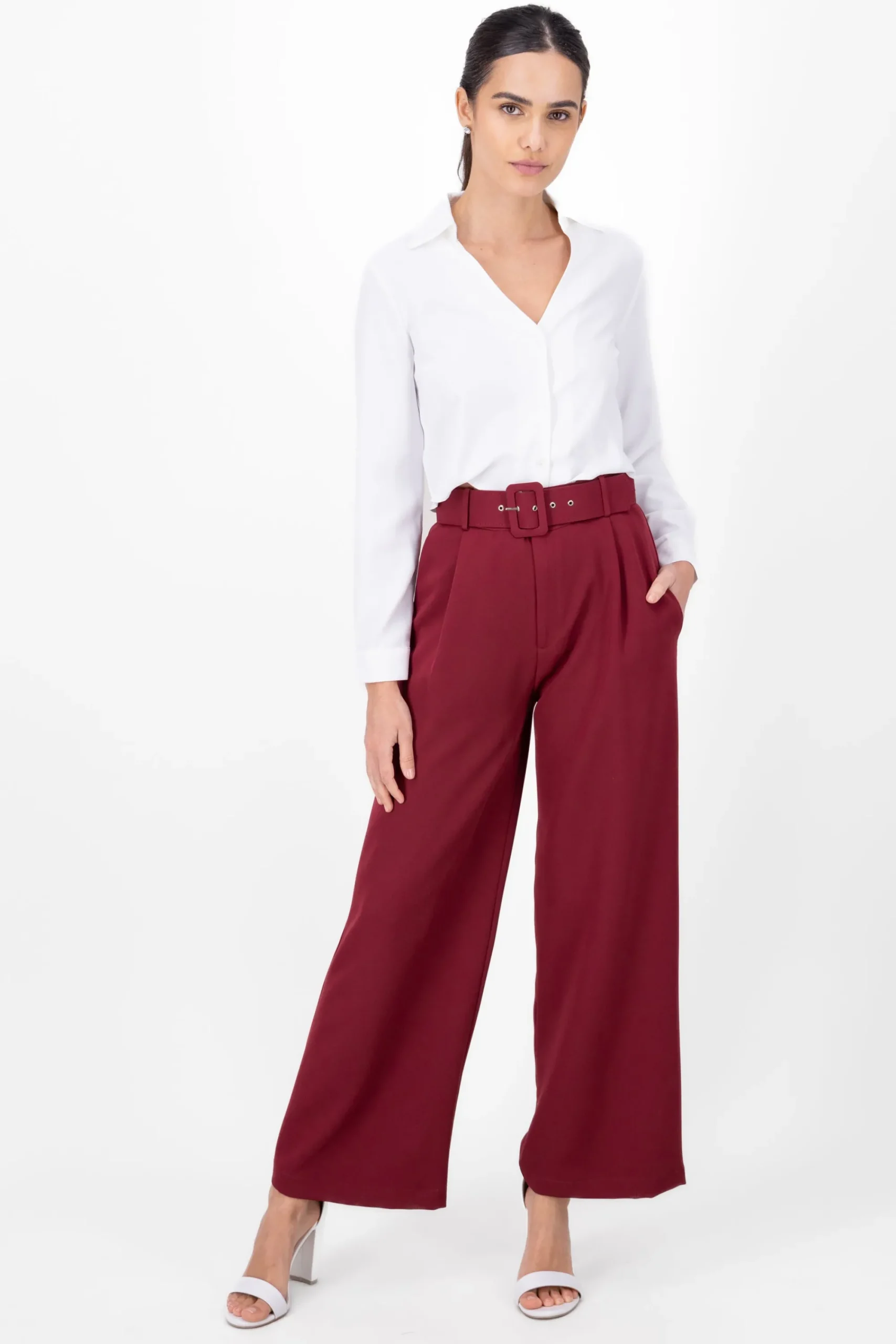 Shasa Basic Wide Leg Dress Pants With Belt