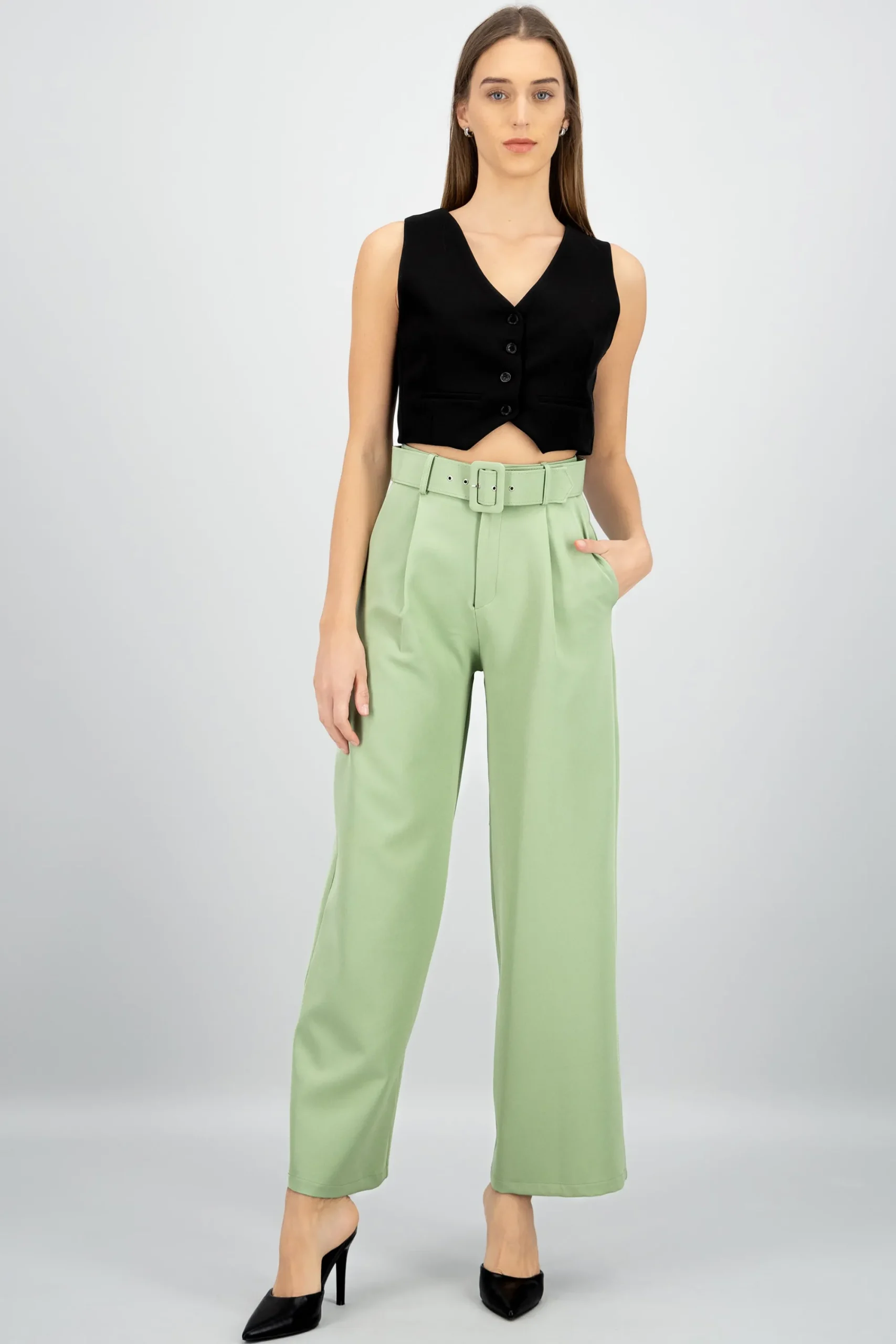 Shasa Basic Wide Leg Dress Pants With Belt