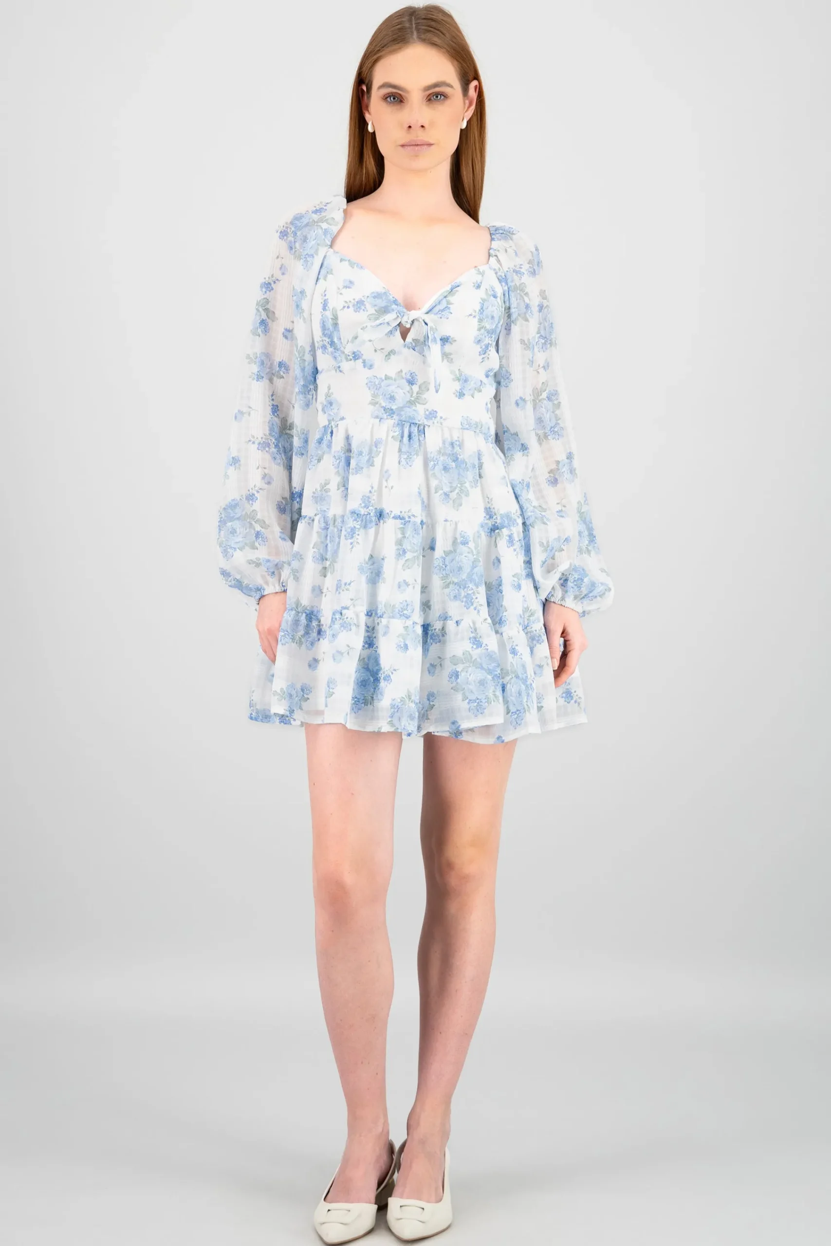 Shasa Bow and Flowers Long Sleeve Mini Dress
