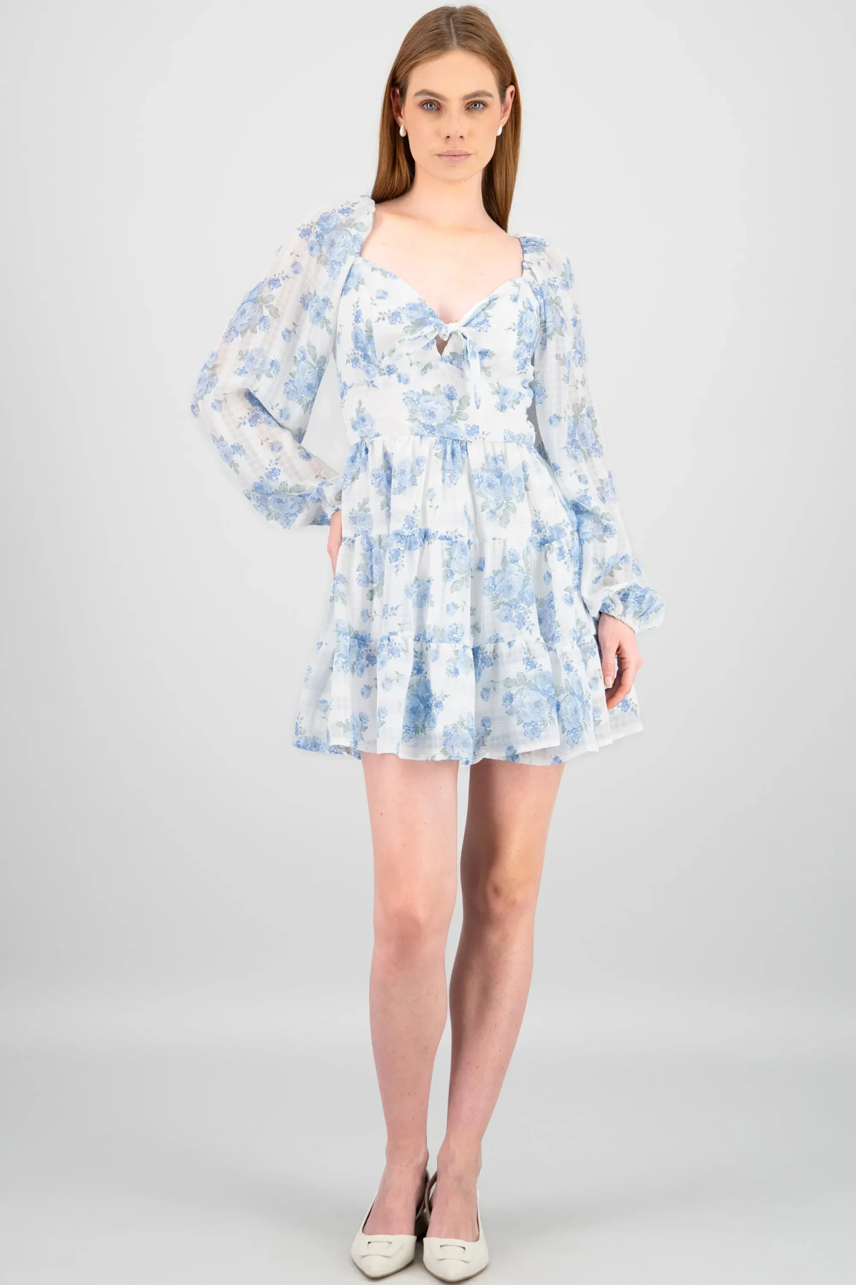 Shasa Bow and Flowers Long Sleeve Mini Dress