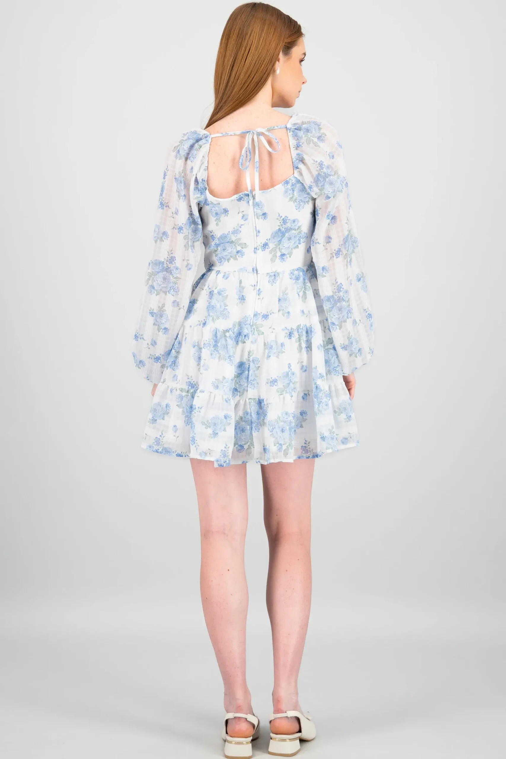Shasa Bow and Flowers Long Sleeve Mini Dress