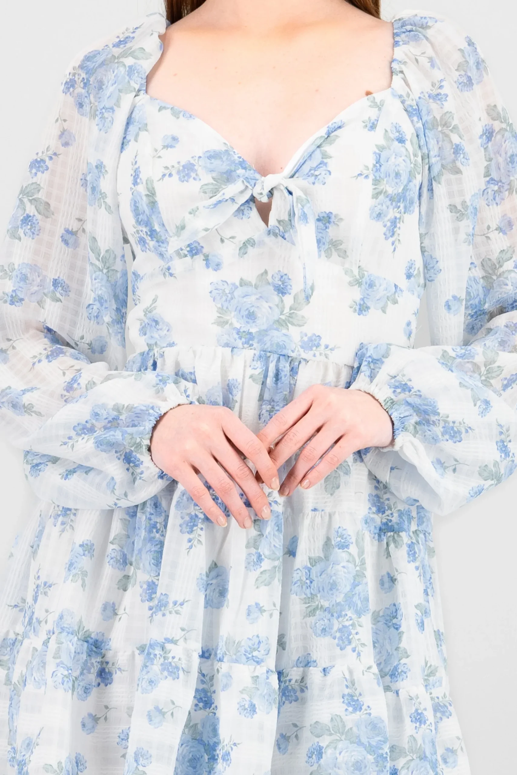 Shasa Bow and Flowers Long Sleeve Mini Dress