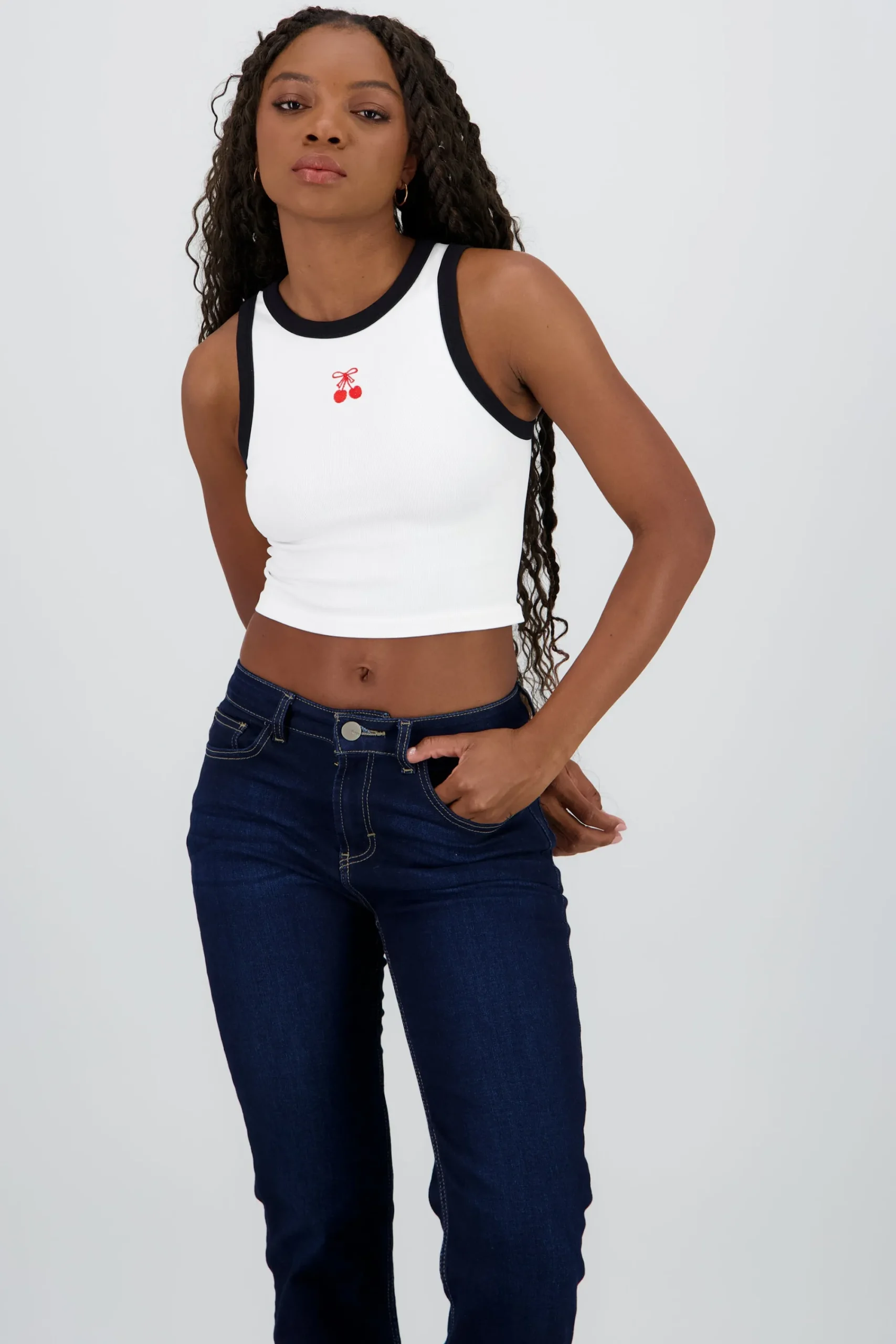 Shasa Cropped Contrast Top with Cherry Detail