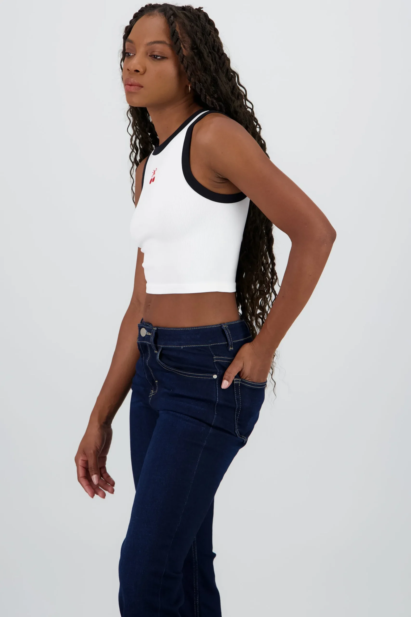 Shasa Cropped Contrast Top with Cherry Detail