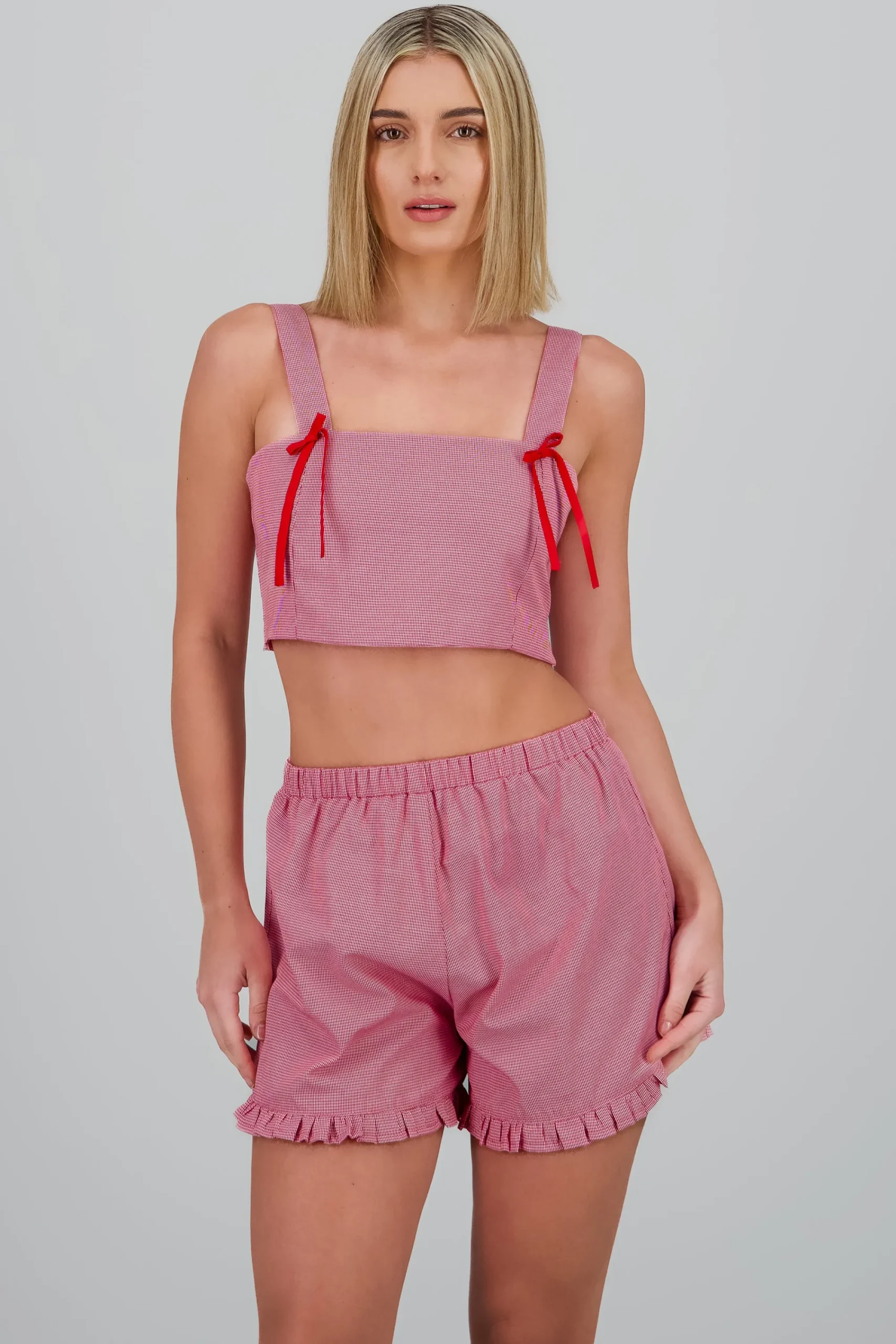Shasa Cropped Plaid Tank Top with Bow Detail