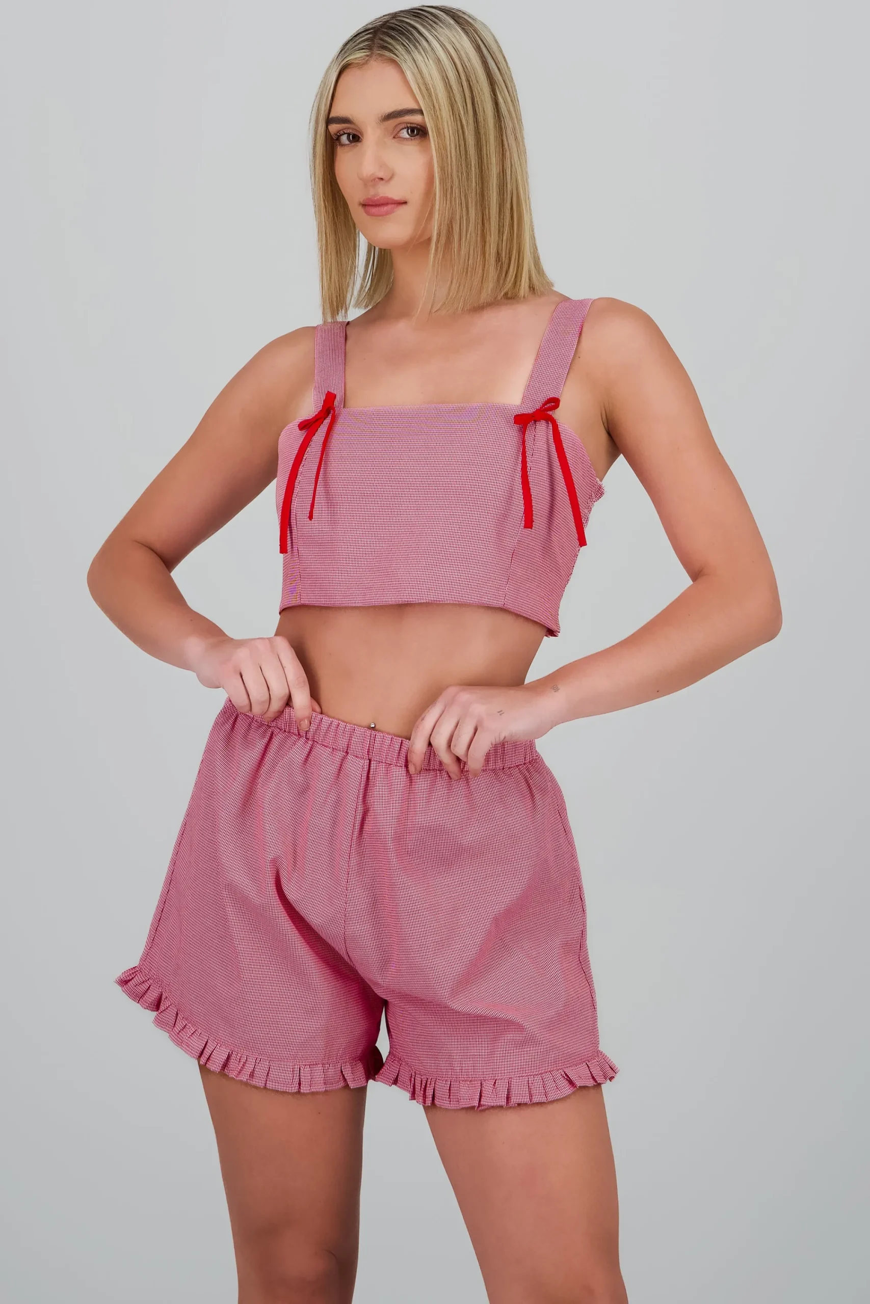 Shasa Cropped Plaid Tank Top with Bow Detail