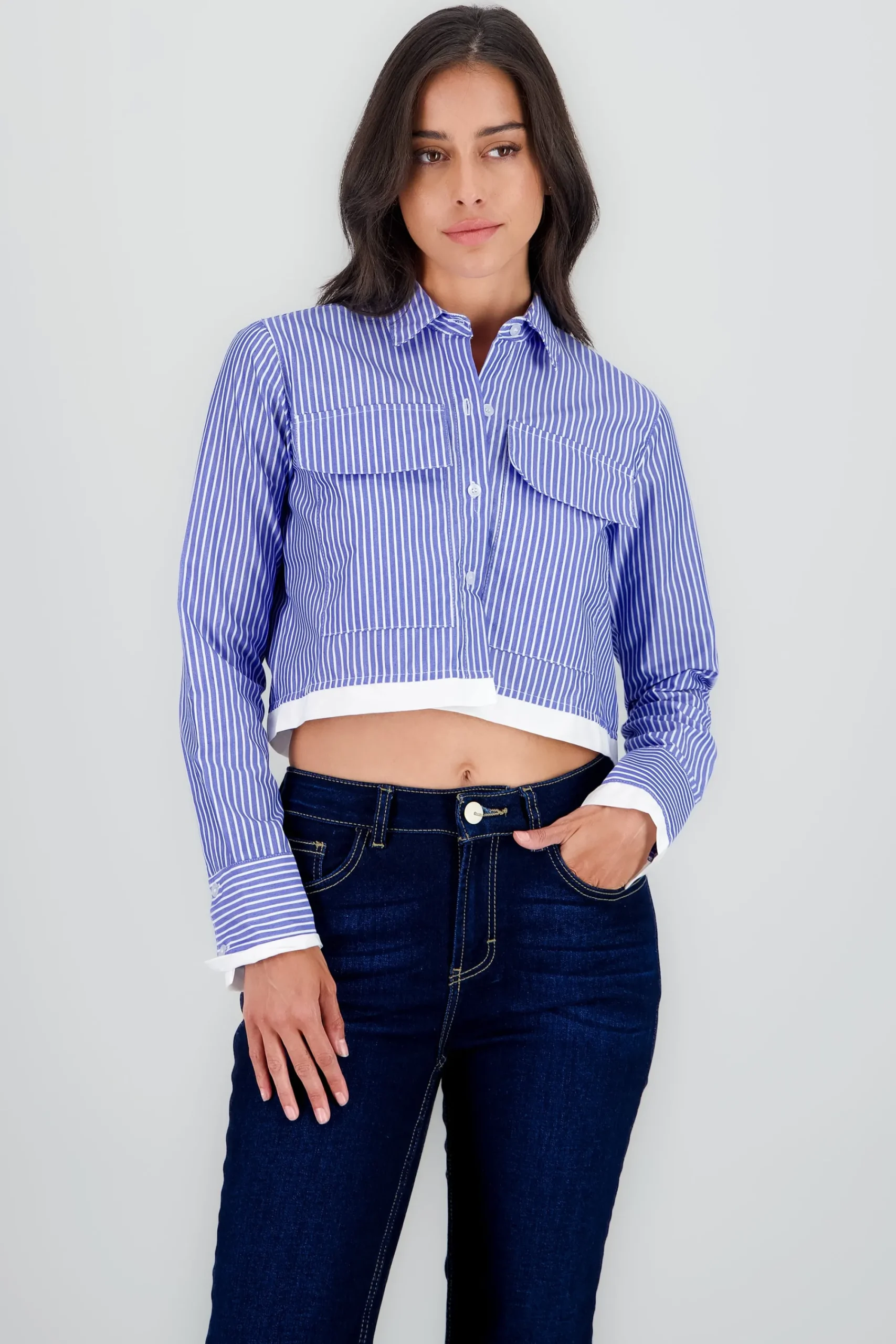 Shasa Cropped Shirt with Contrast Pockets and Hem