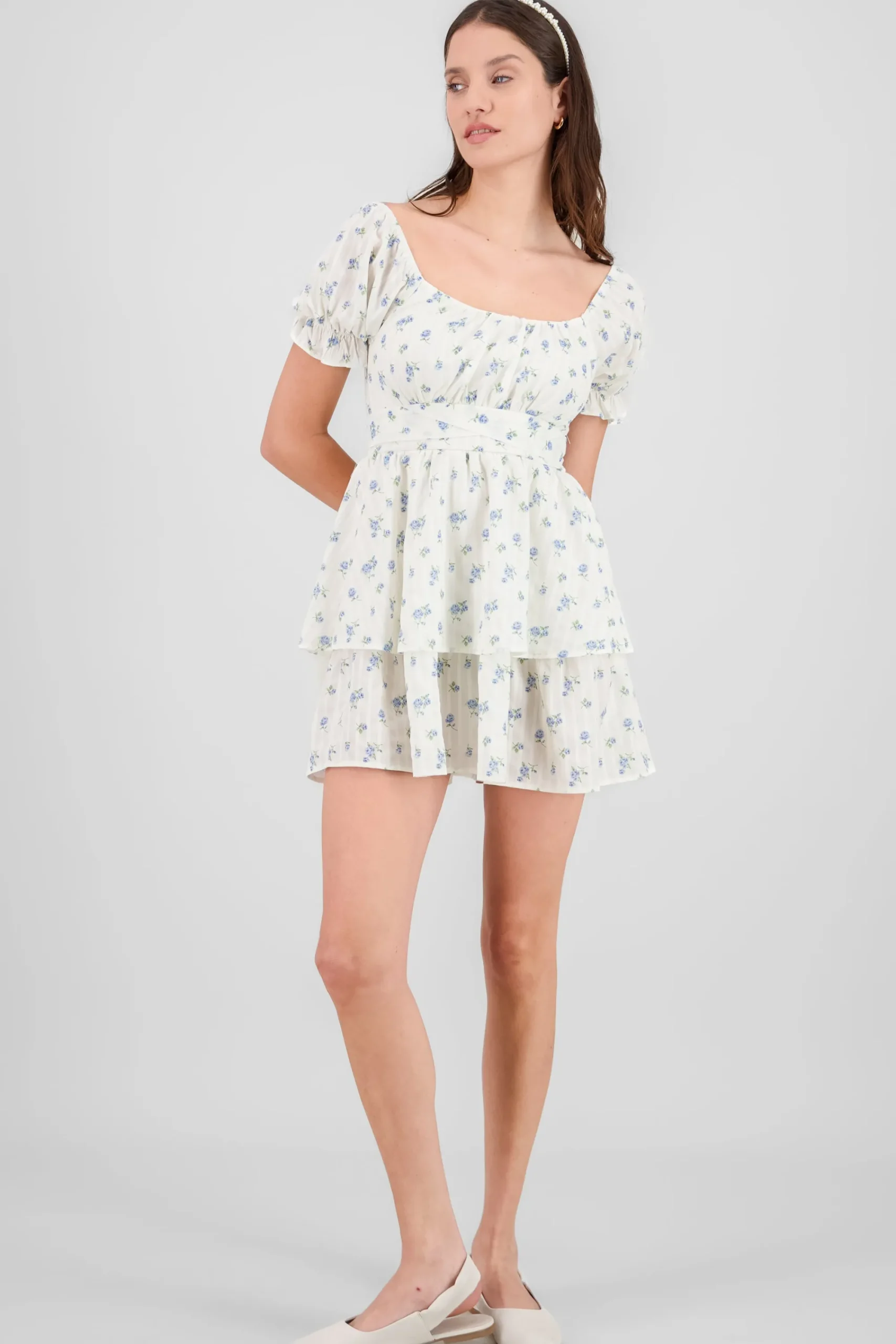Shasa Double Ruffle Floral Puff Sleeve Dress