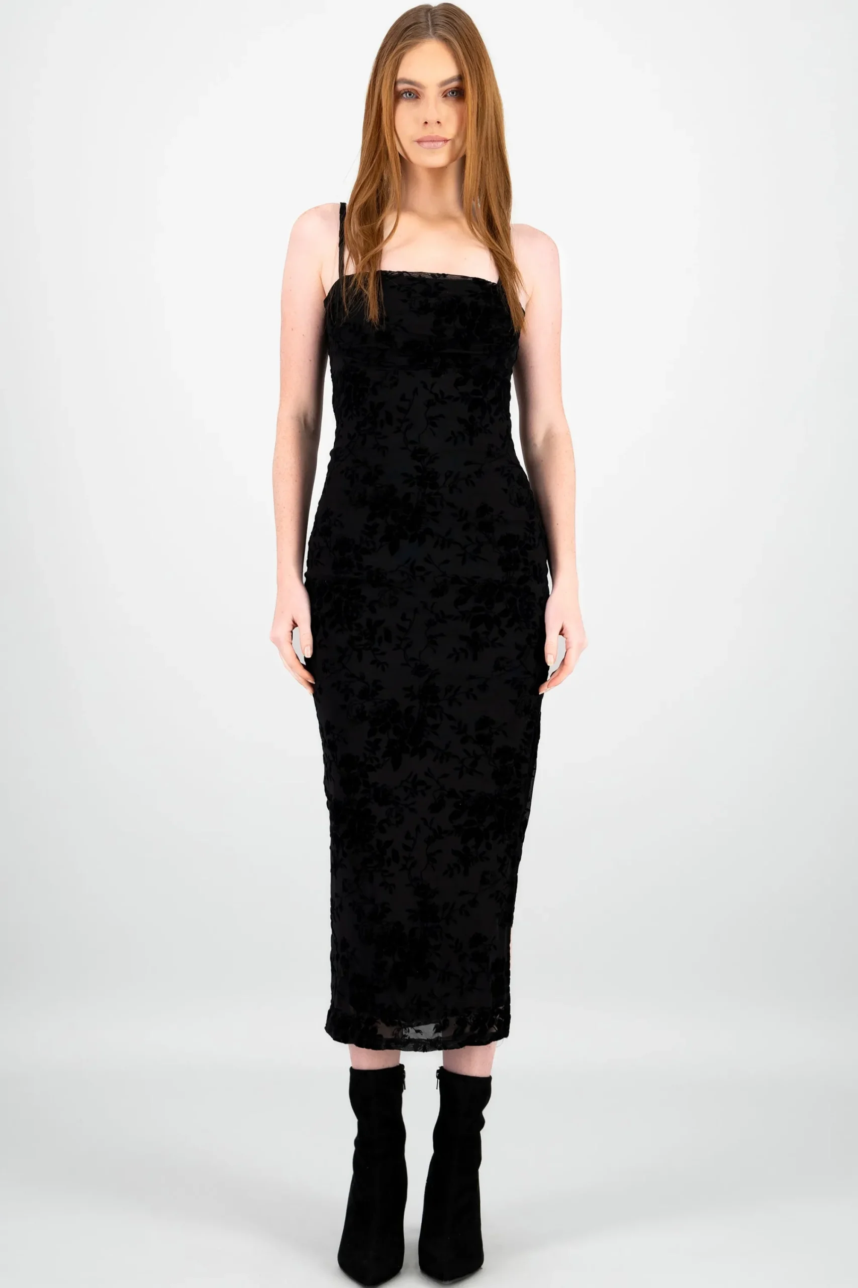 Shasa Flocked Mesh Midi Dress