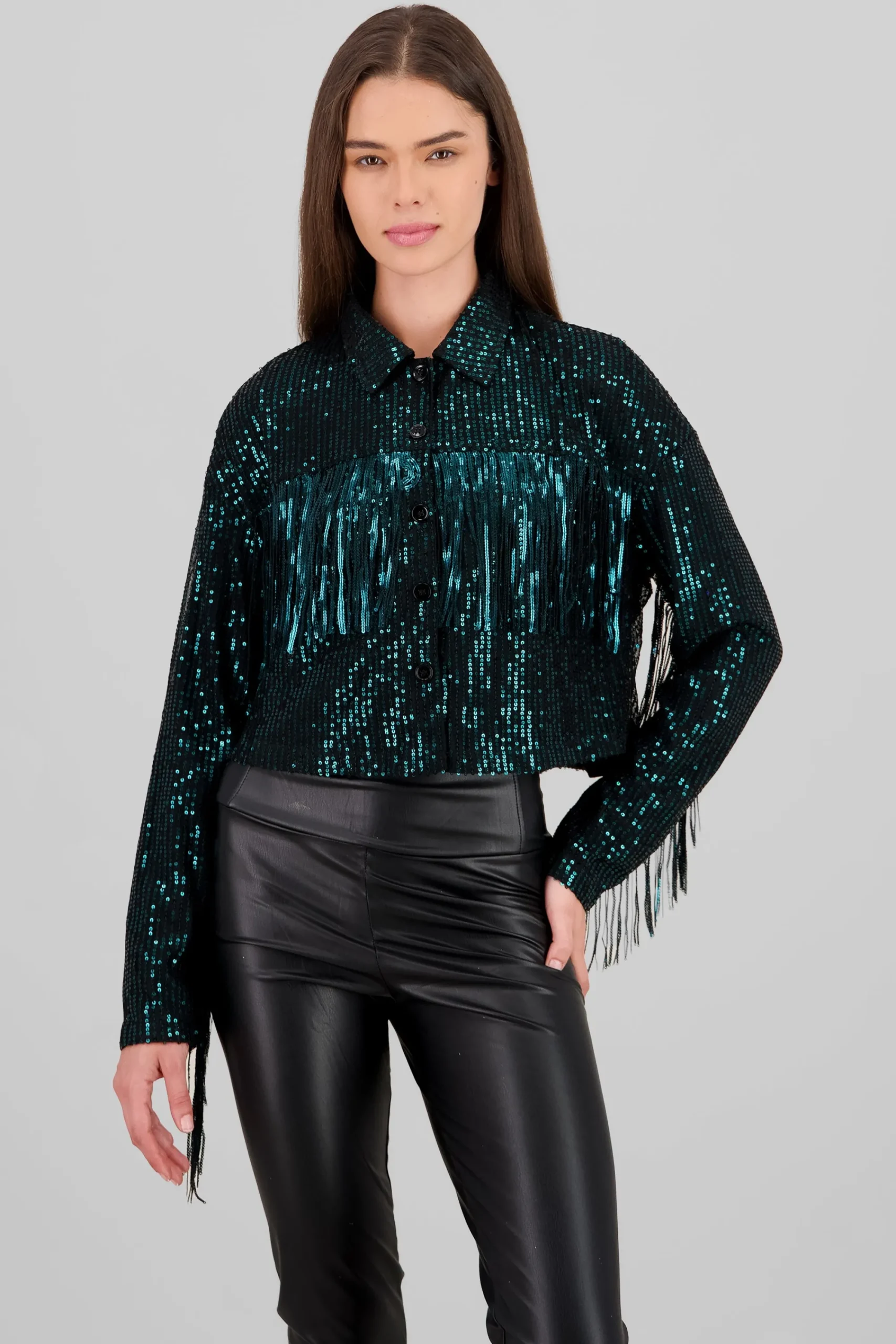 Shasa Fringe and Glitter Denim Jacket