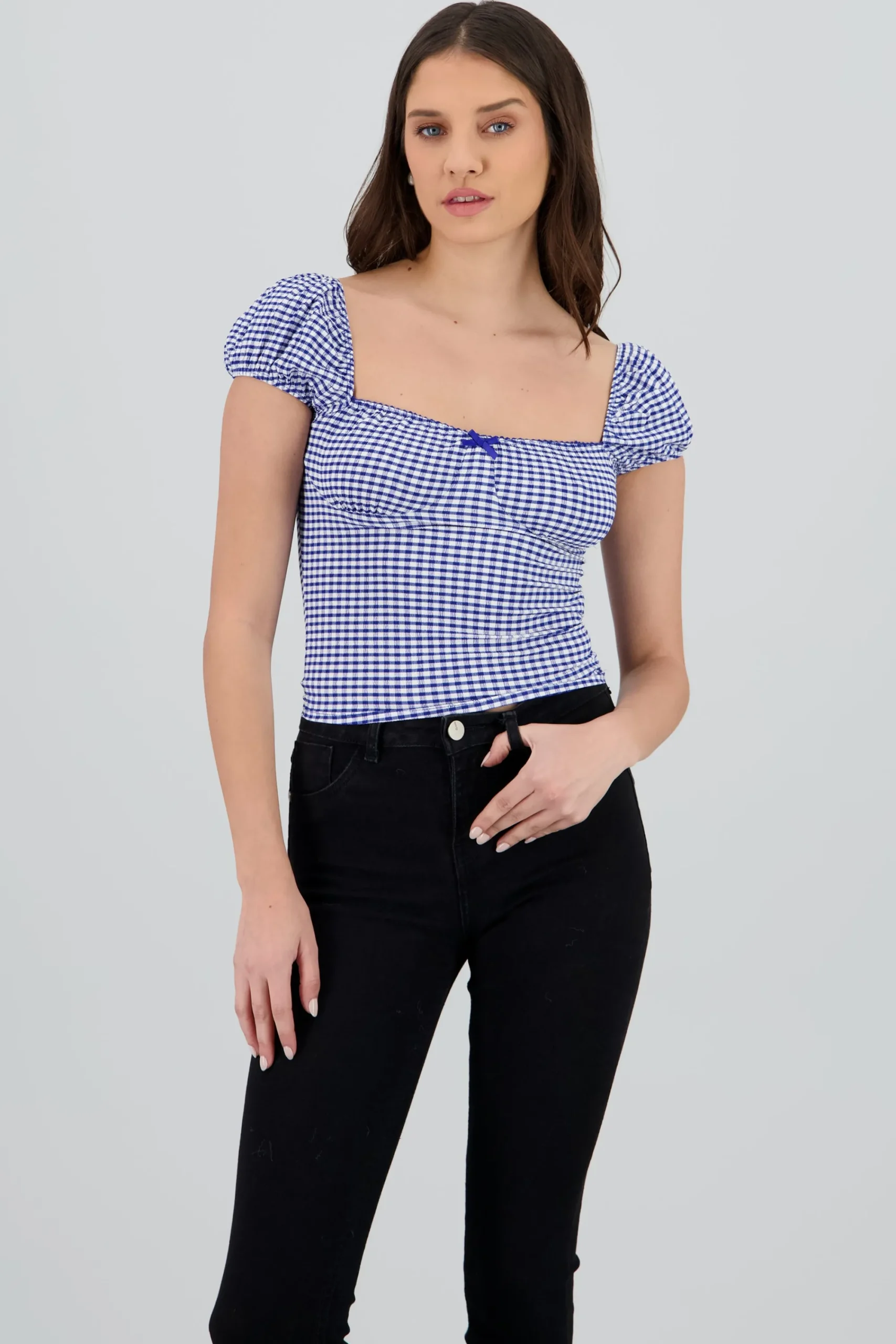 Shasa Gingham Bow Detail Blouse