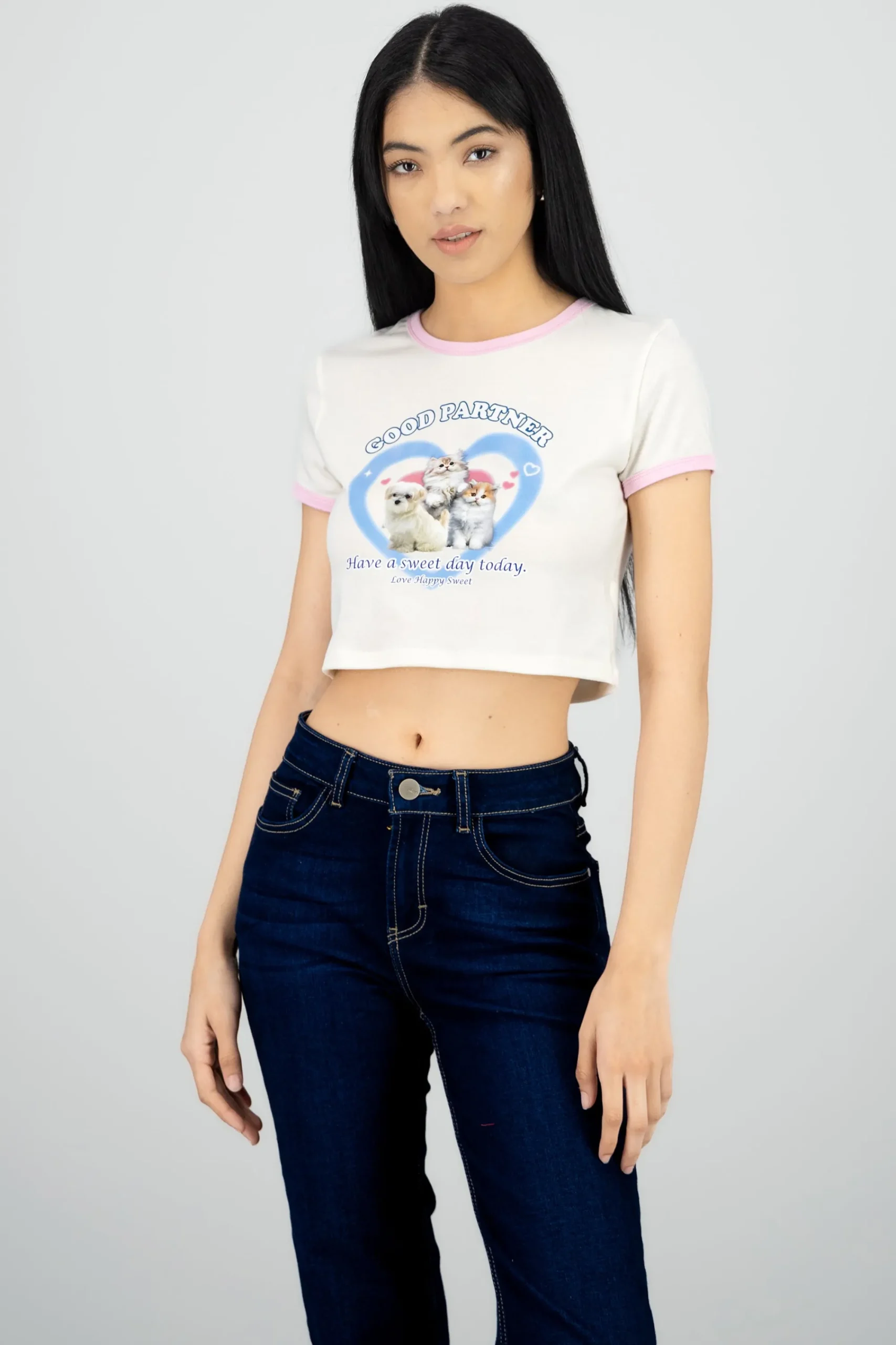 Shasa Kitten Print Contrast T Shirt