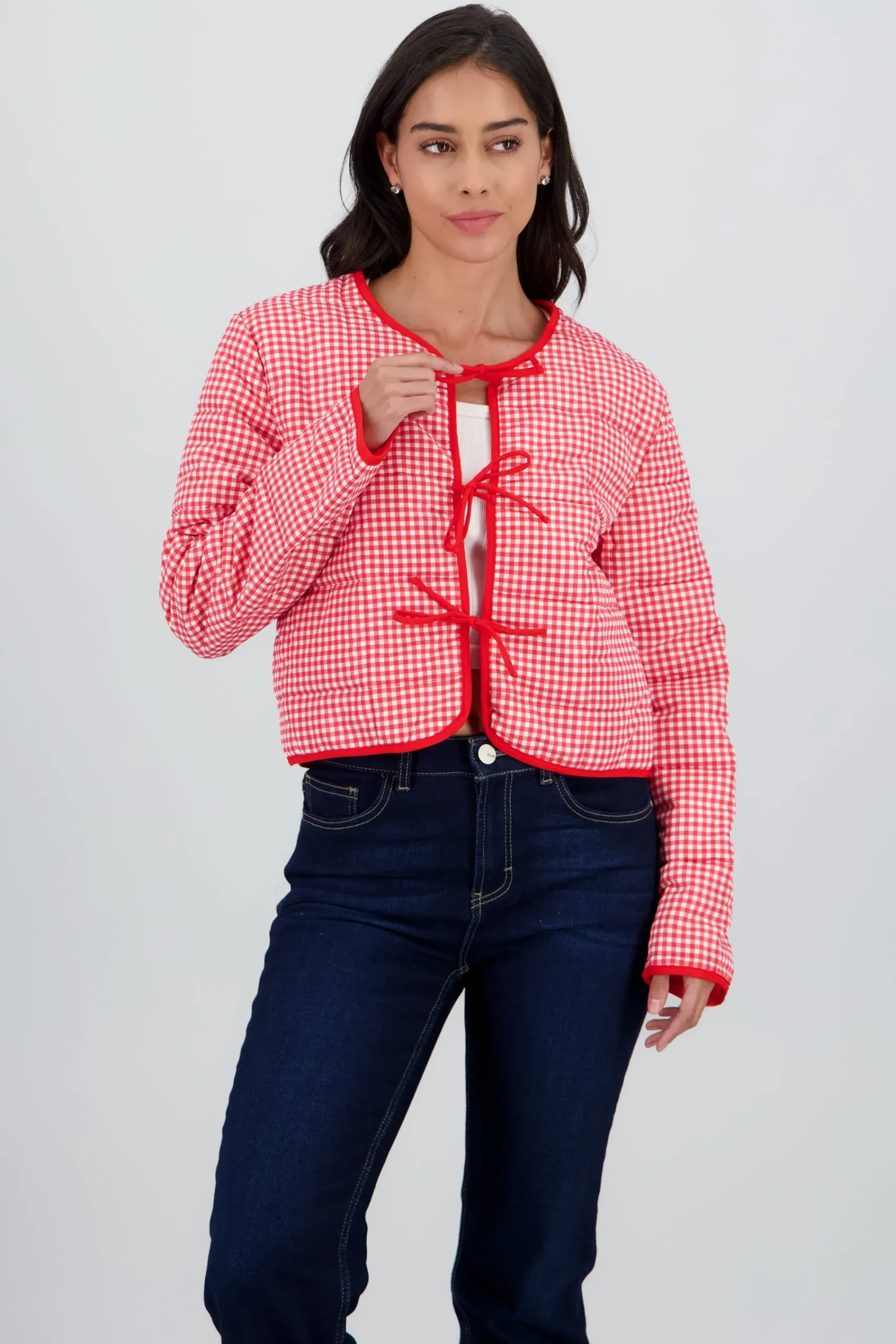 Shasa Lightweight Gingham Jacket with Bow Detail