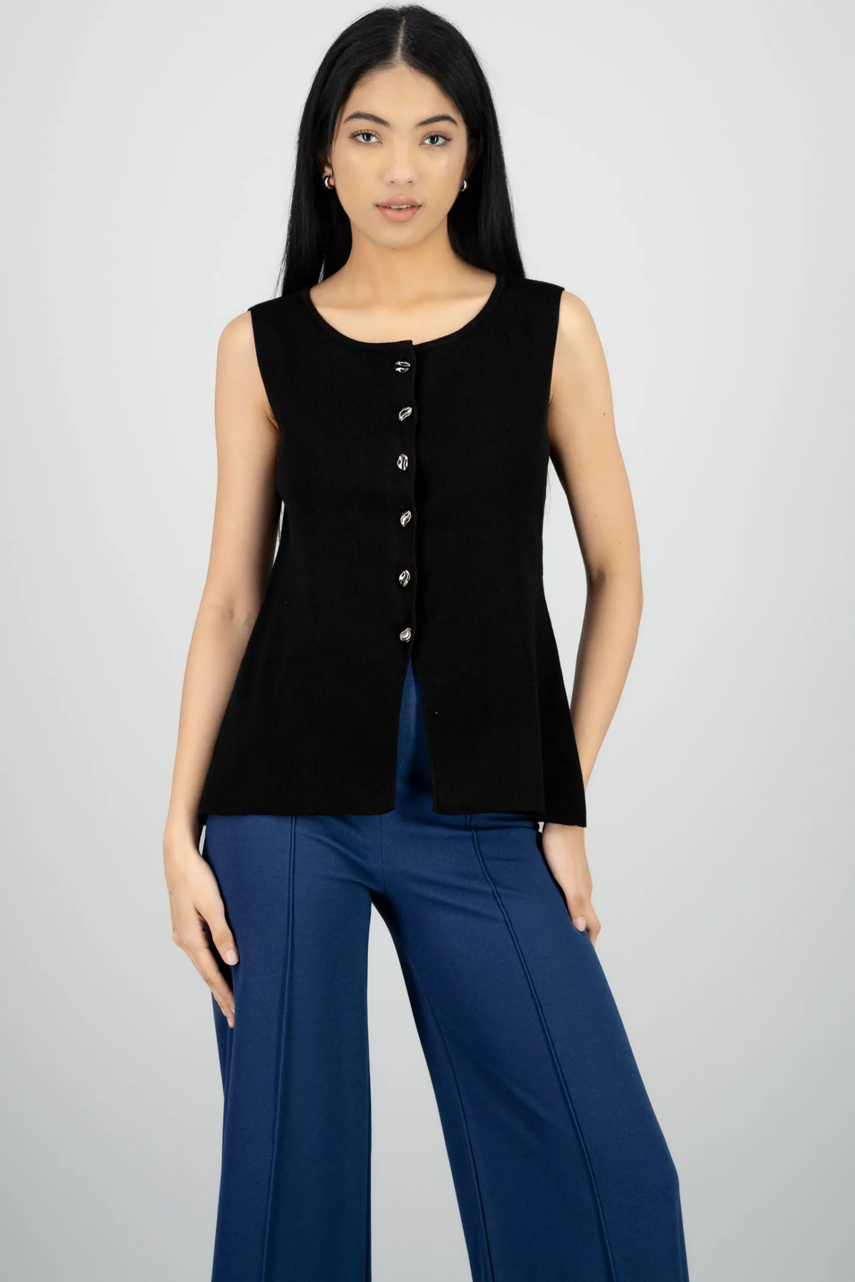 Shasa Long Knit Top with Buttoned Slit