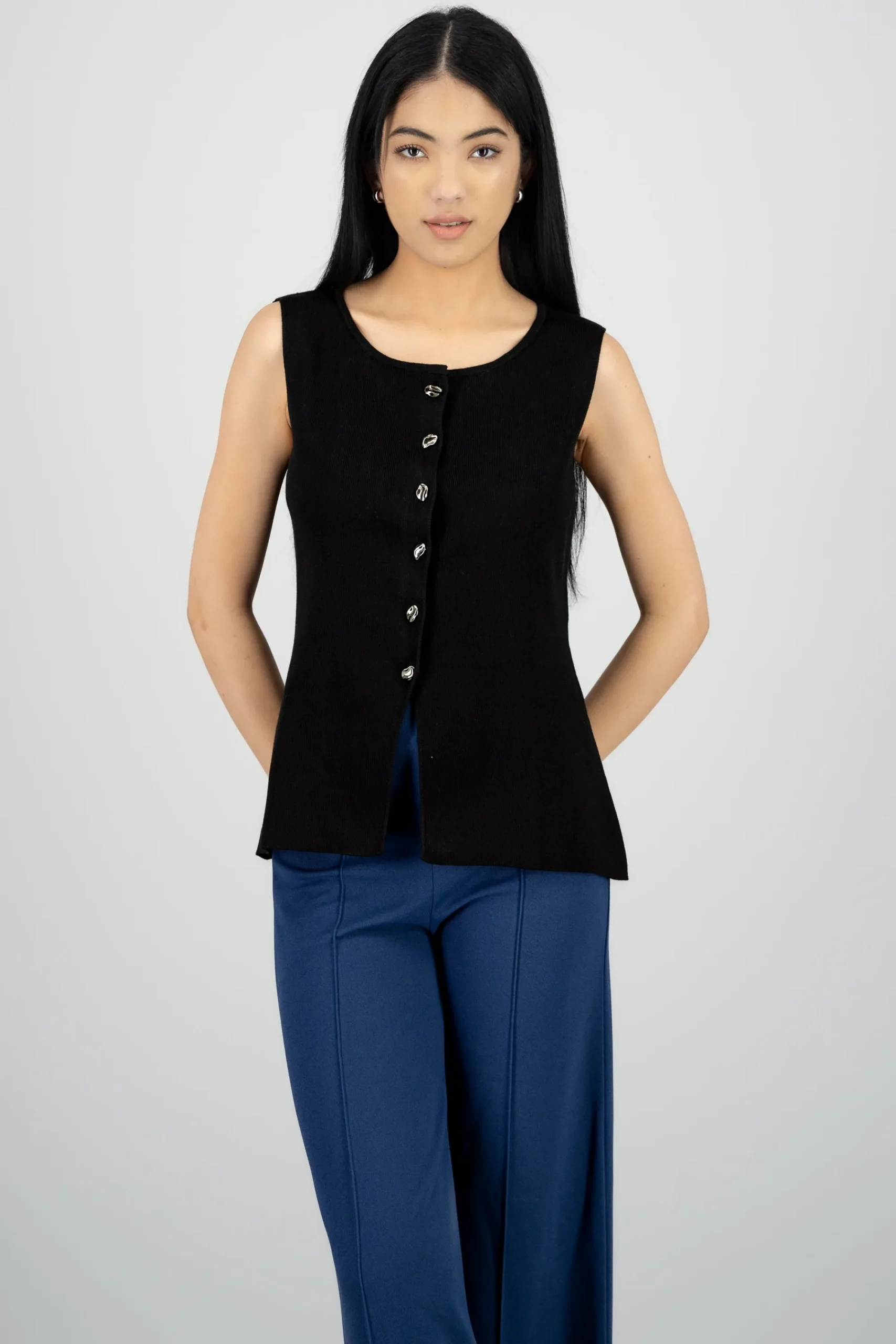 Shasa Long Knit Top with Buttoned Slit
