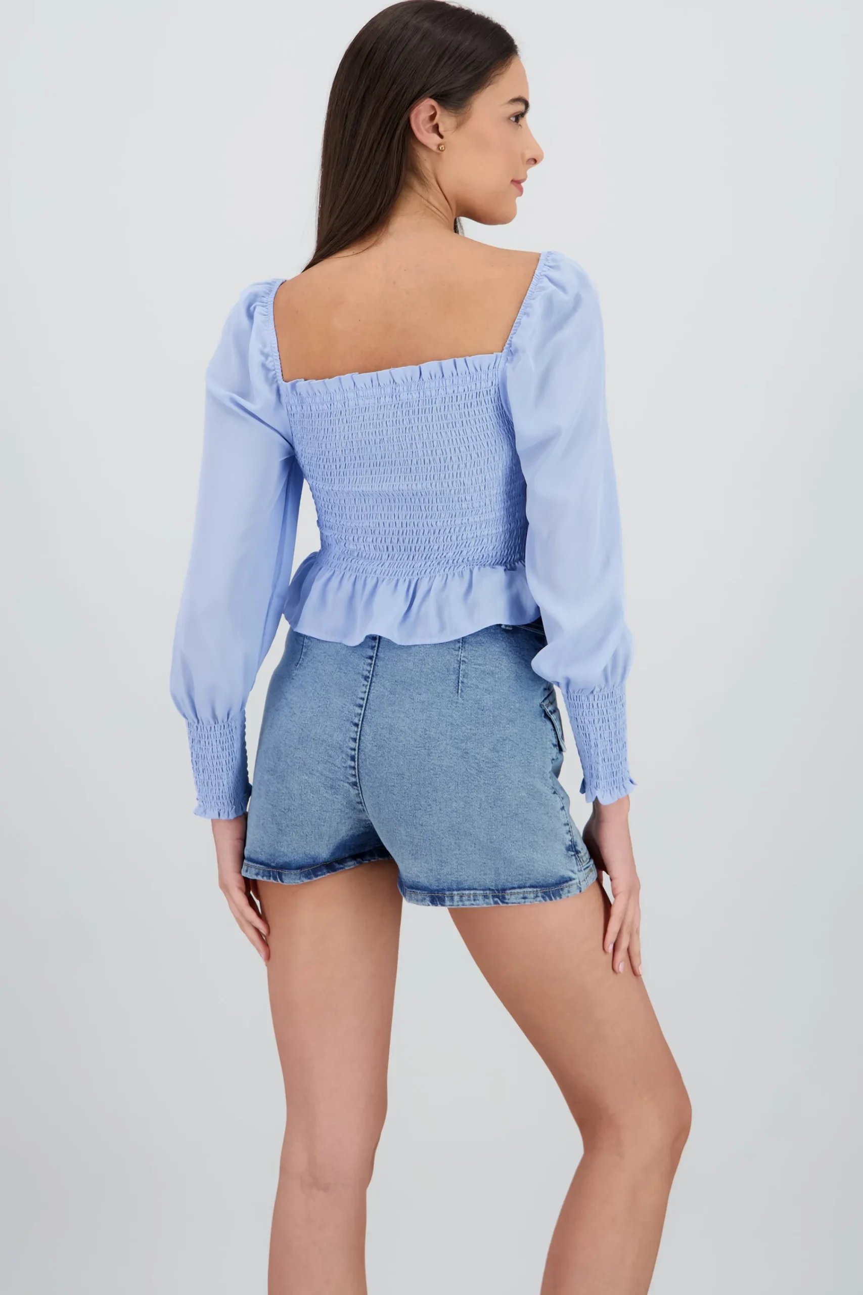 Shasa Long Puff Sleeve Top with Smock Detail