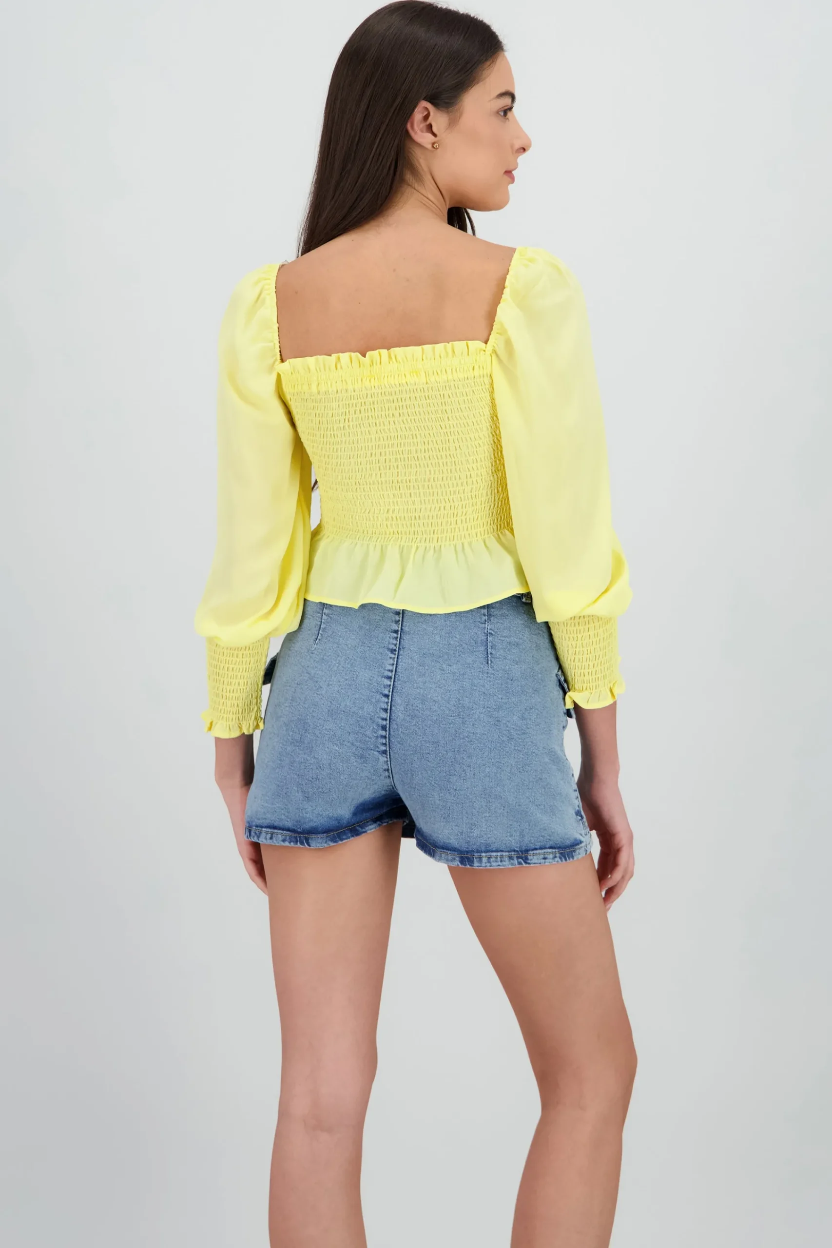 Shasa Long Puff Sleeve Top with Smock Detail
