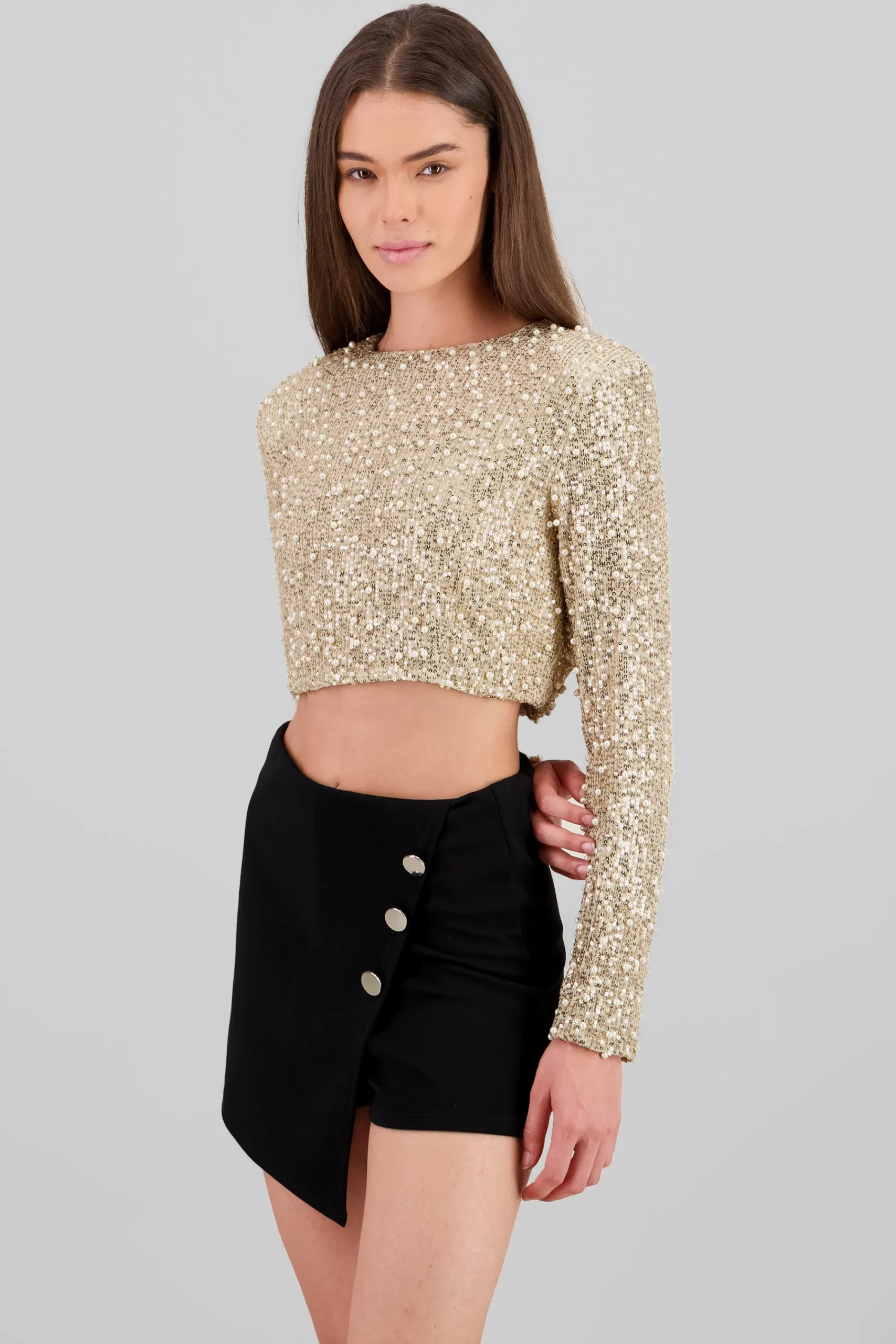 Shasa Long Sleeve Crop Sequin Top