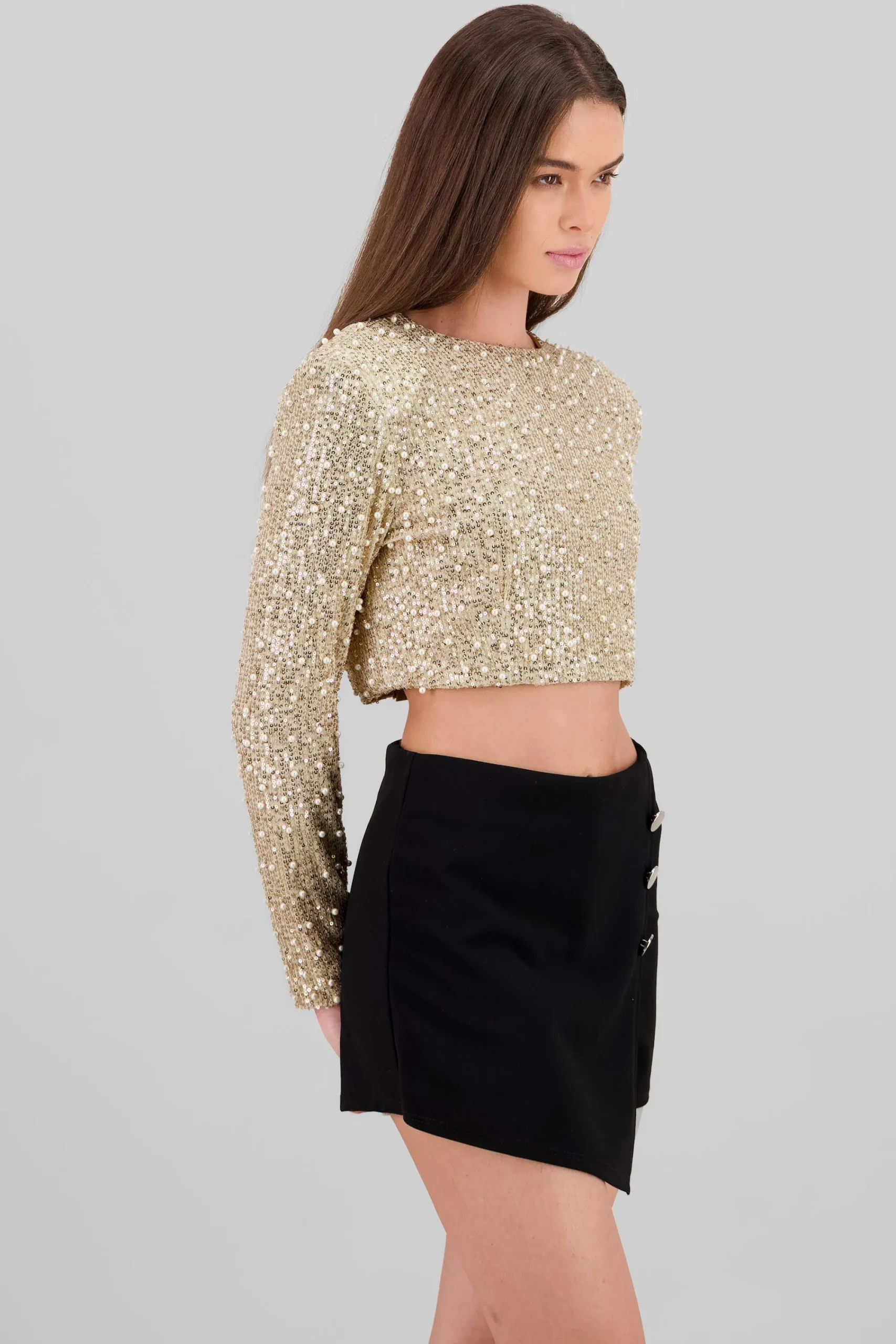 Shasa Long Sleeve Crop Sequin Top