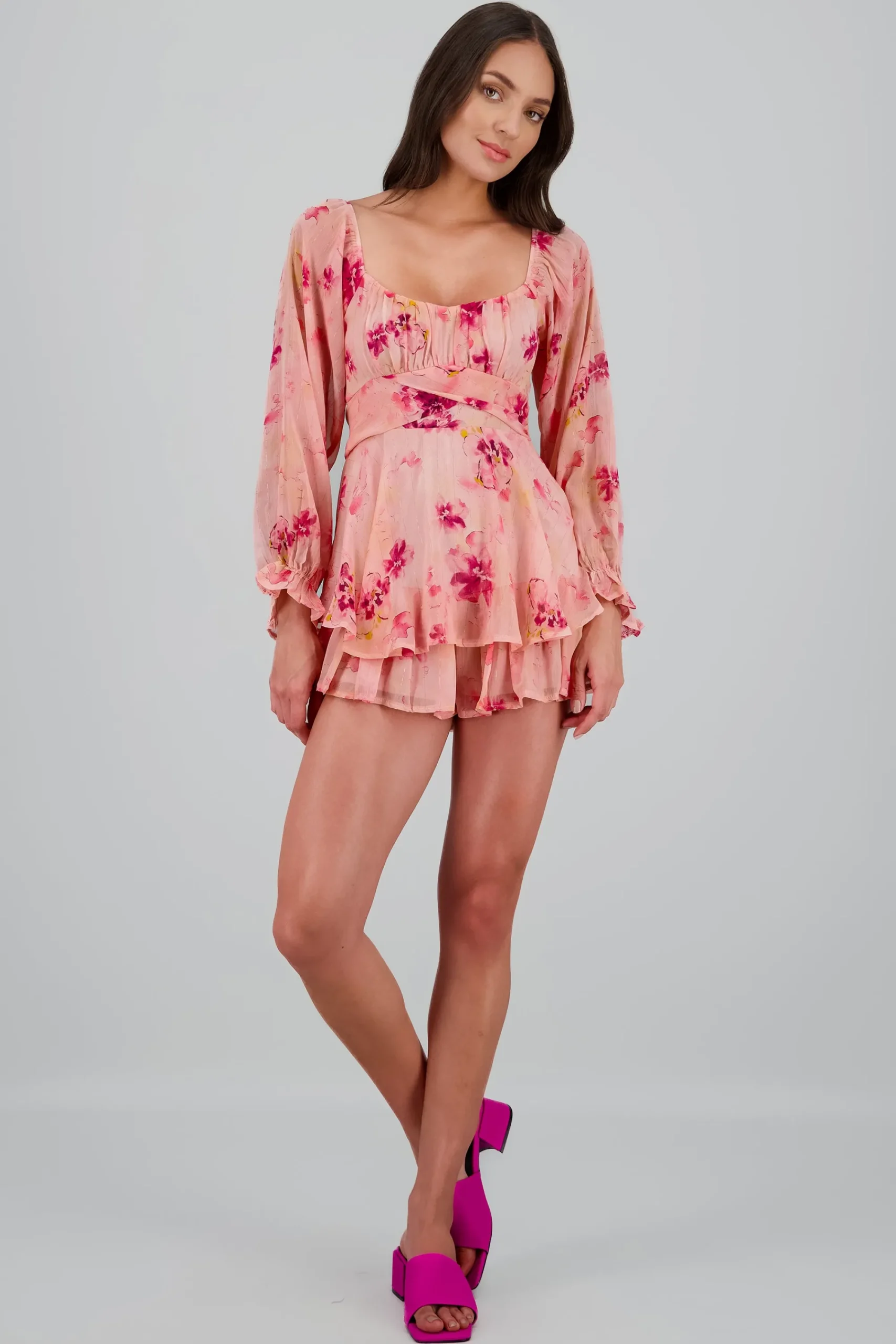 Shasa Long Sleeve Floral Ruffled Dress