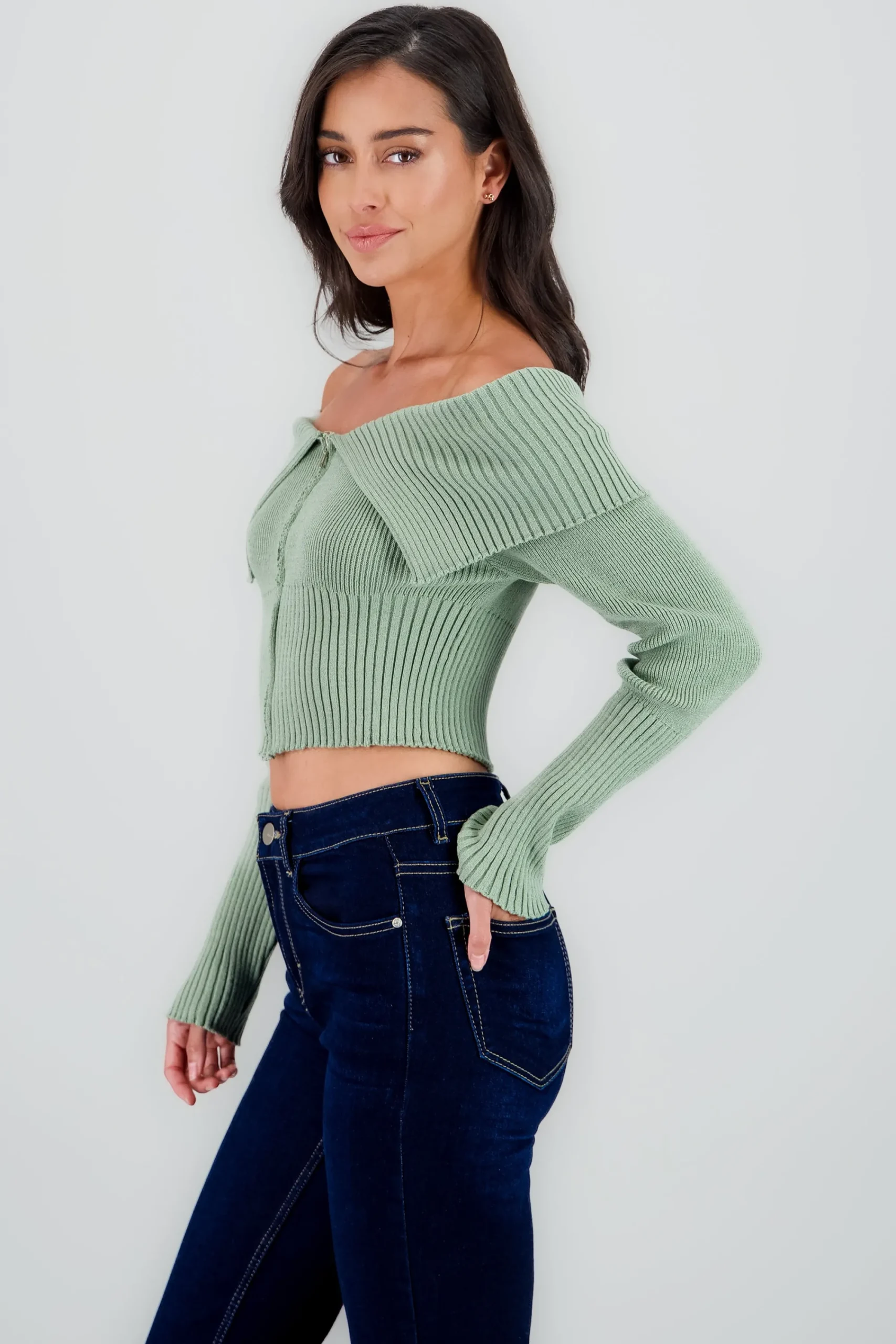 Shasa Long Sleeve Off The Shoulder Top With Closure