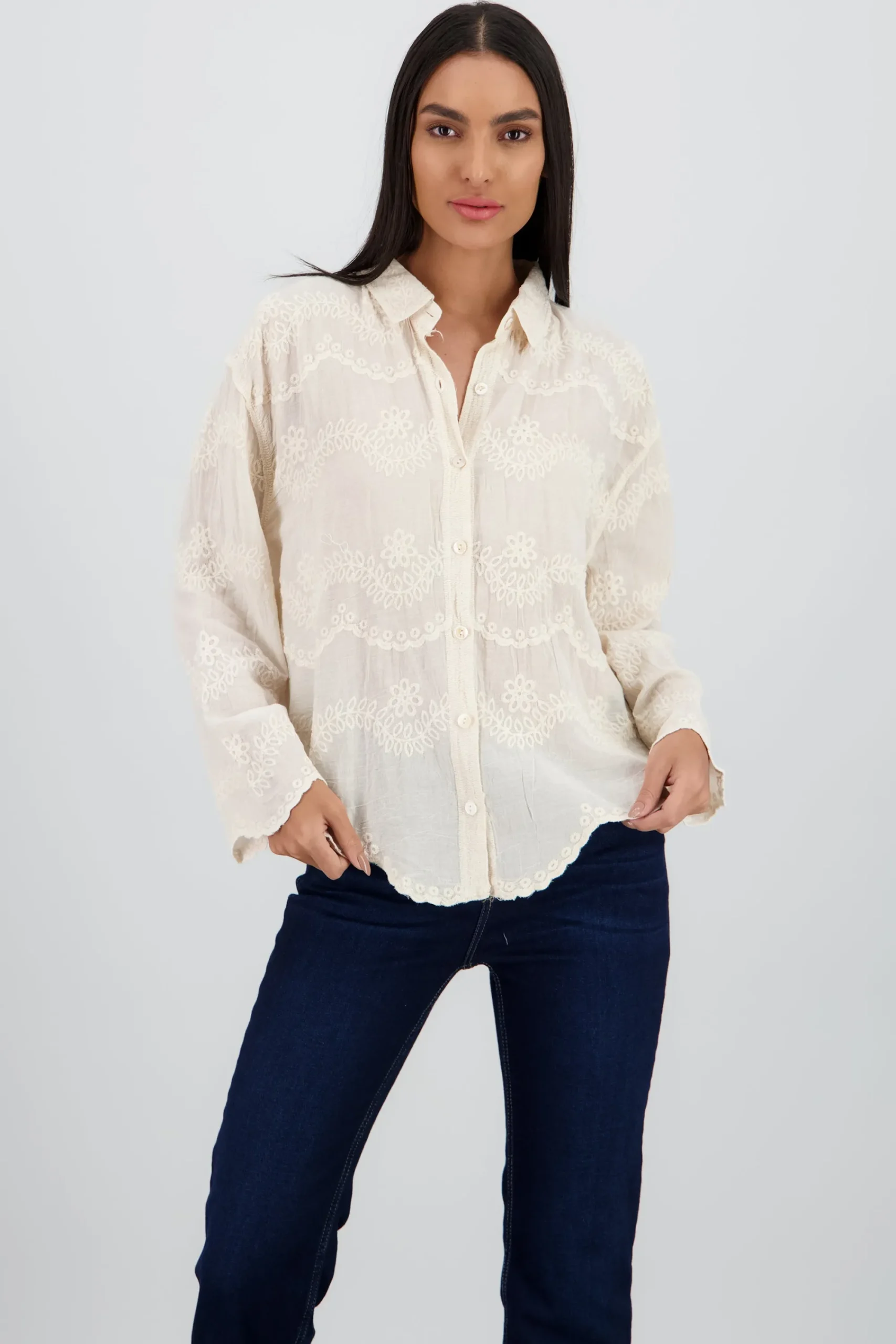 Shasa Long Sleeve Shirt with Embroidered Nec