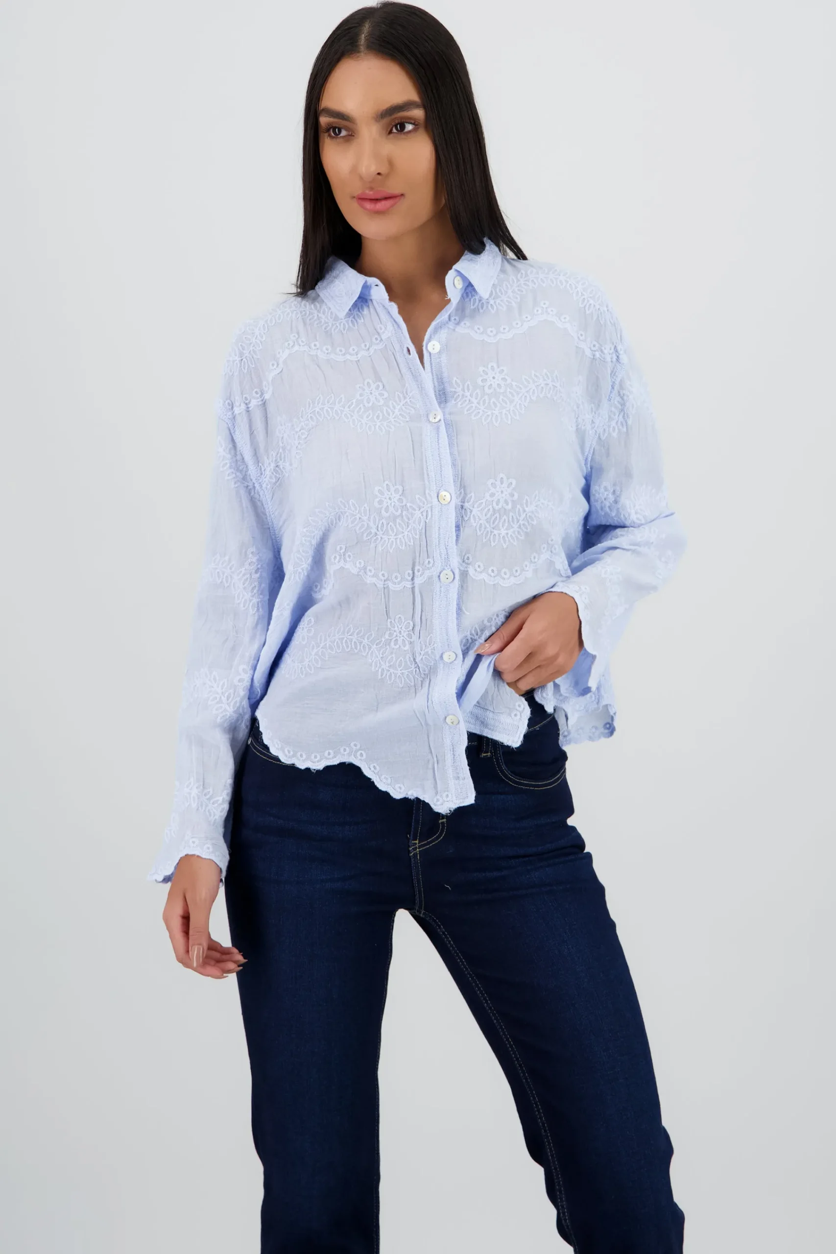 Shasa Long Sleeve Shirt with Embroidered Nec