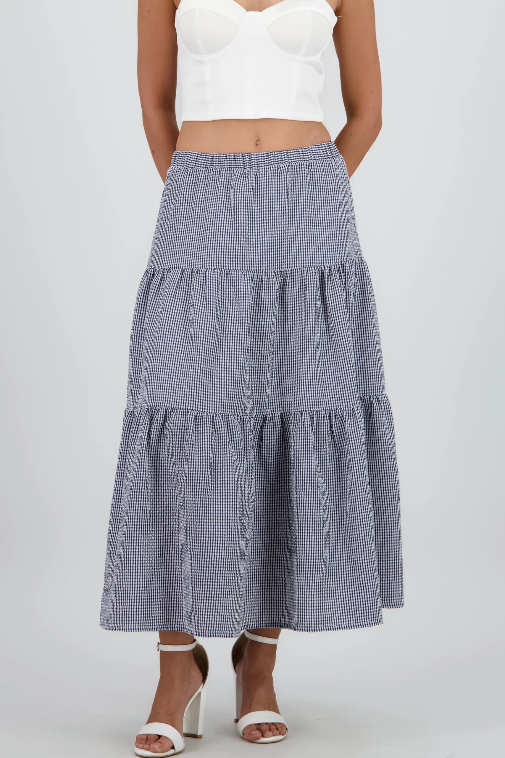 Shasa Midi Skirt with Elastic Waist and Ruffles
