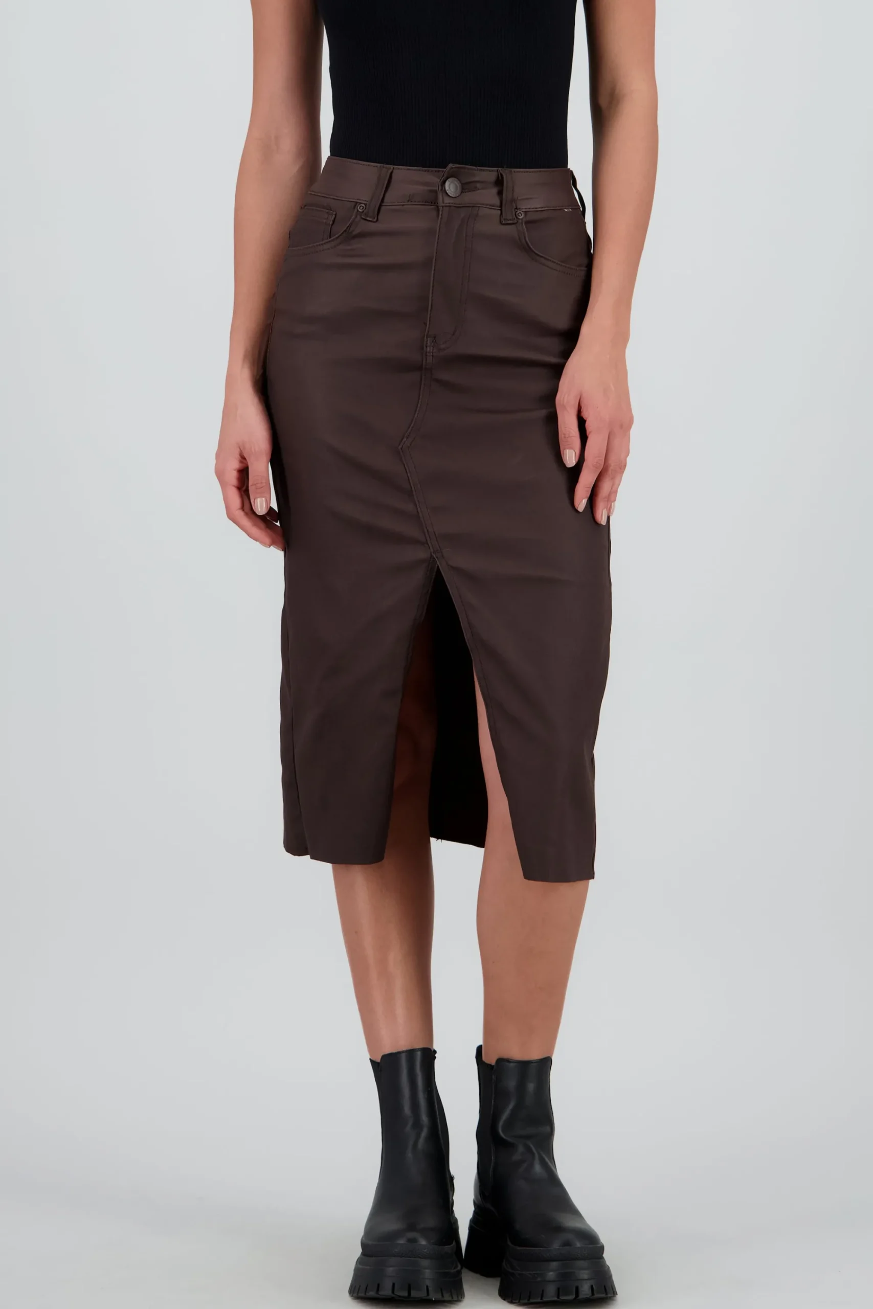 Shasa Midi Skirt with Faux Leather Detail