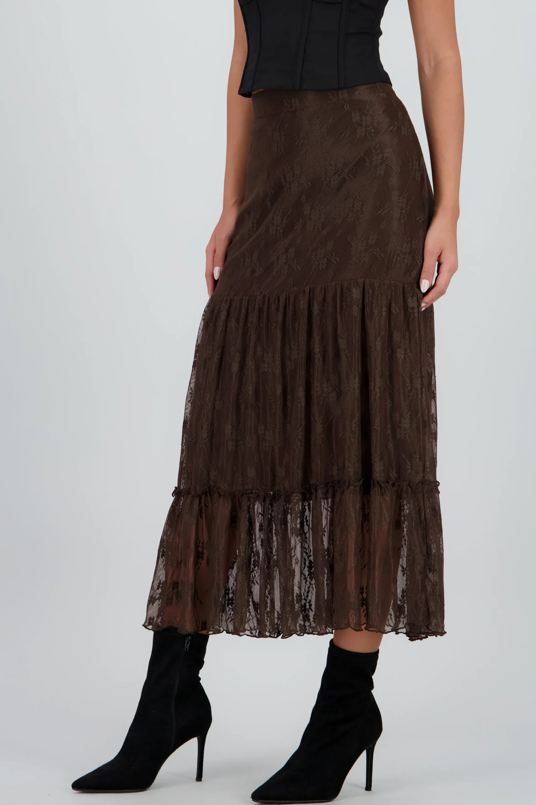 Shasa Midi Skirt with Ruffles and Lace Detail