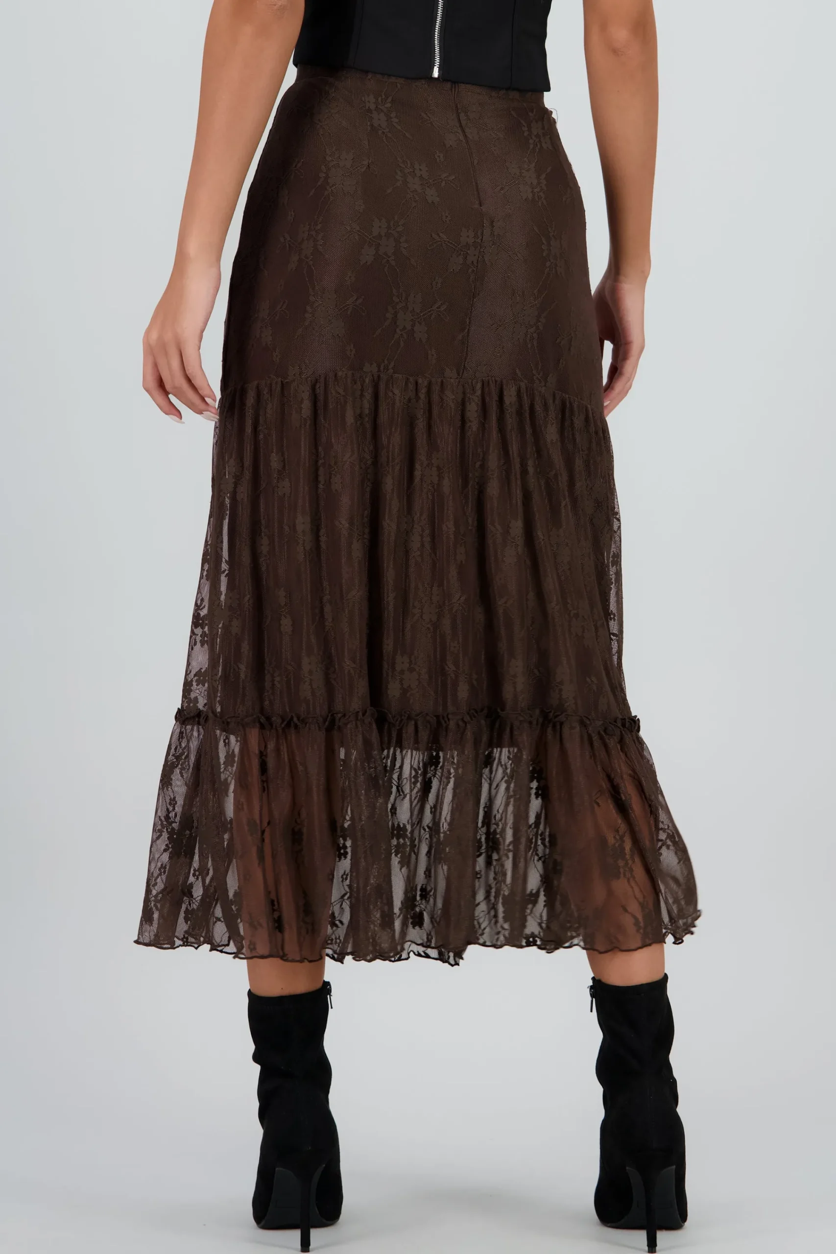 Shasa Midi Skirt with Ruffles and Lace Detail