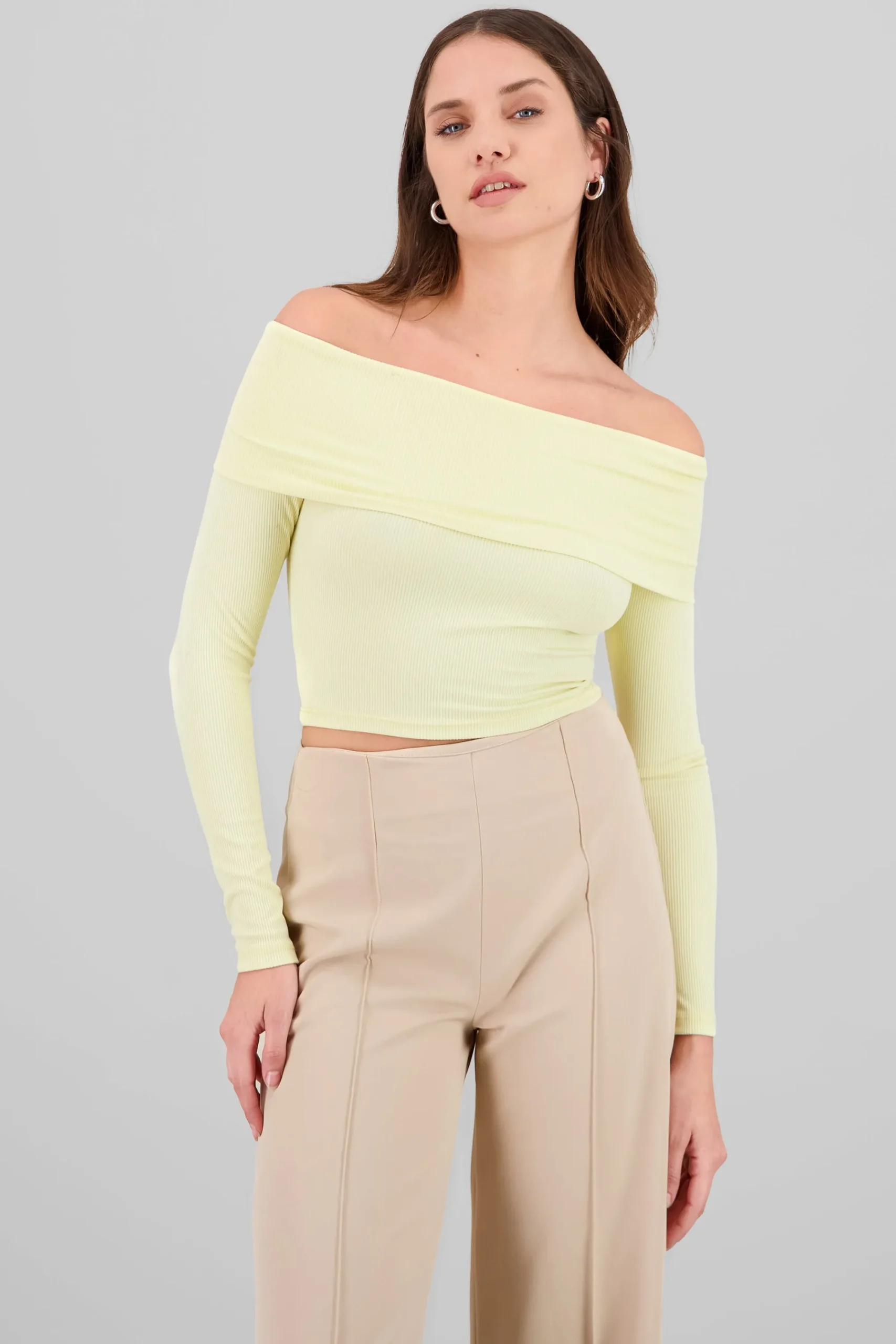 Shasa Off Shoulder Long Sleeve Ribbed Top