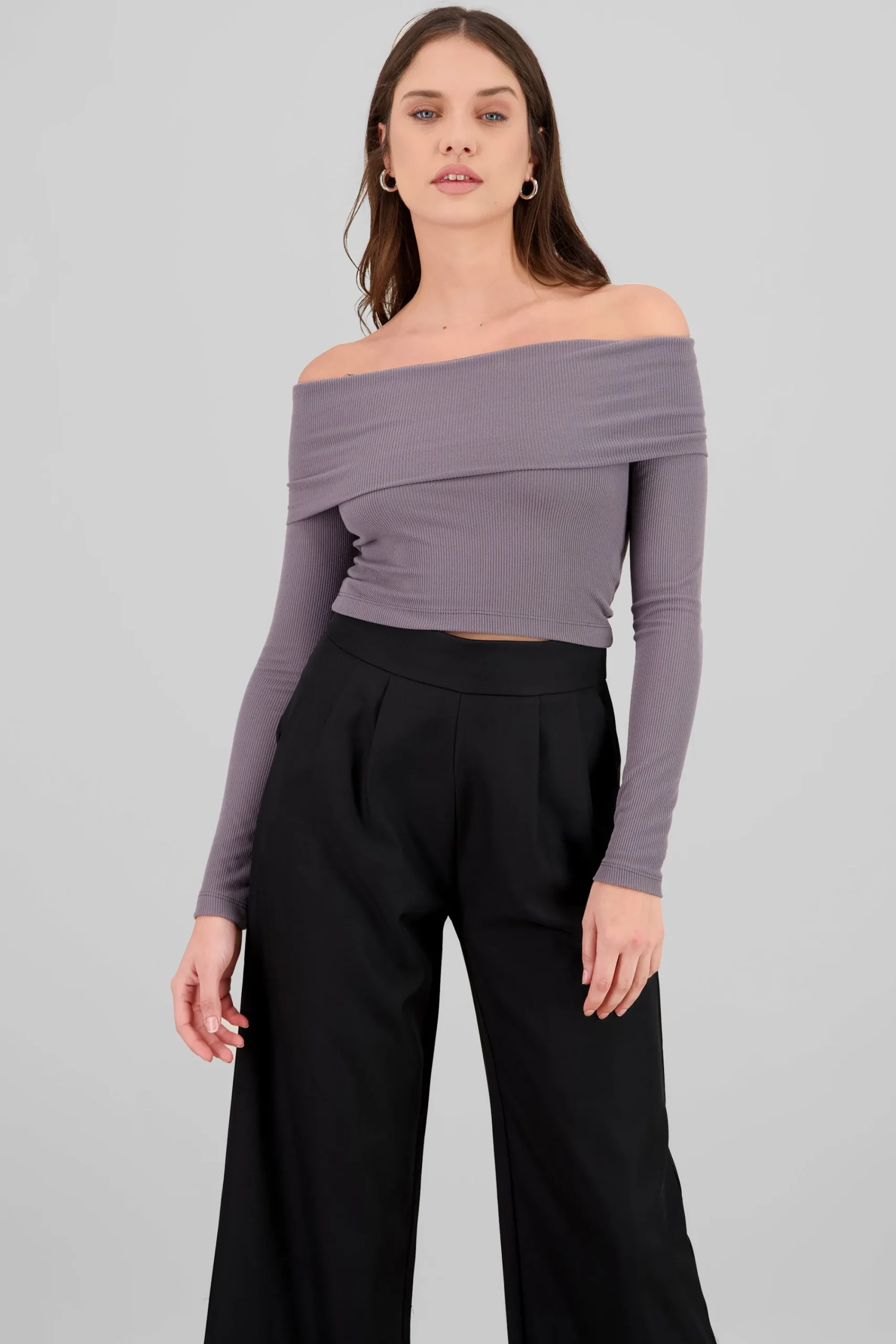 Shasa Off Shoulder Long Sleeve Ribbed Top