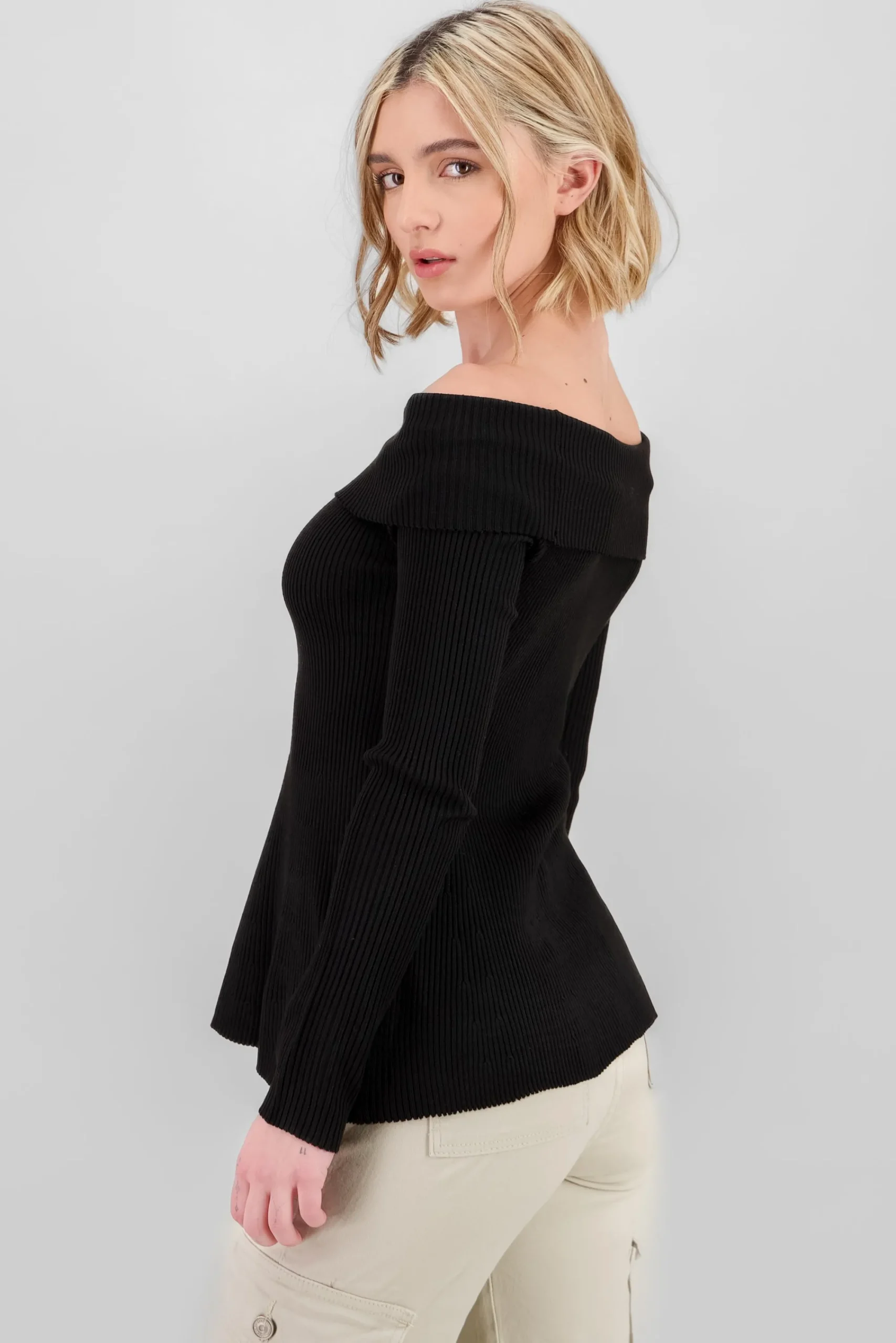 Shasa Off Shoulder Ribbed Knit Top