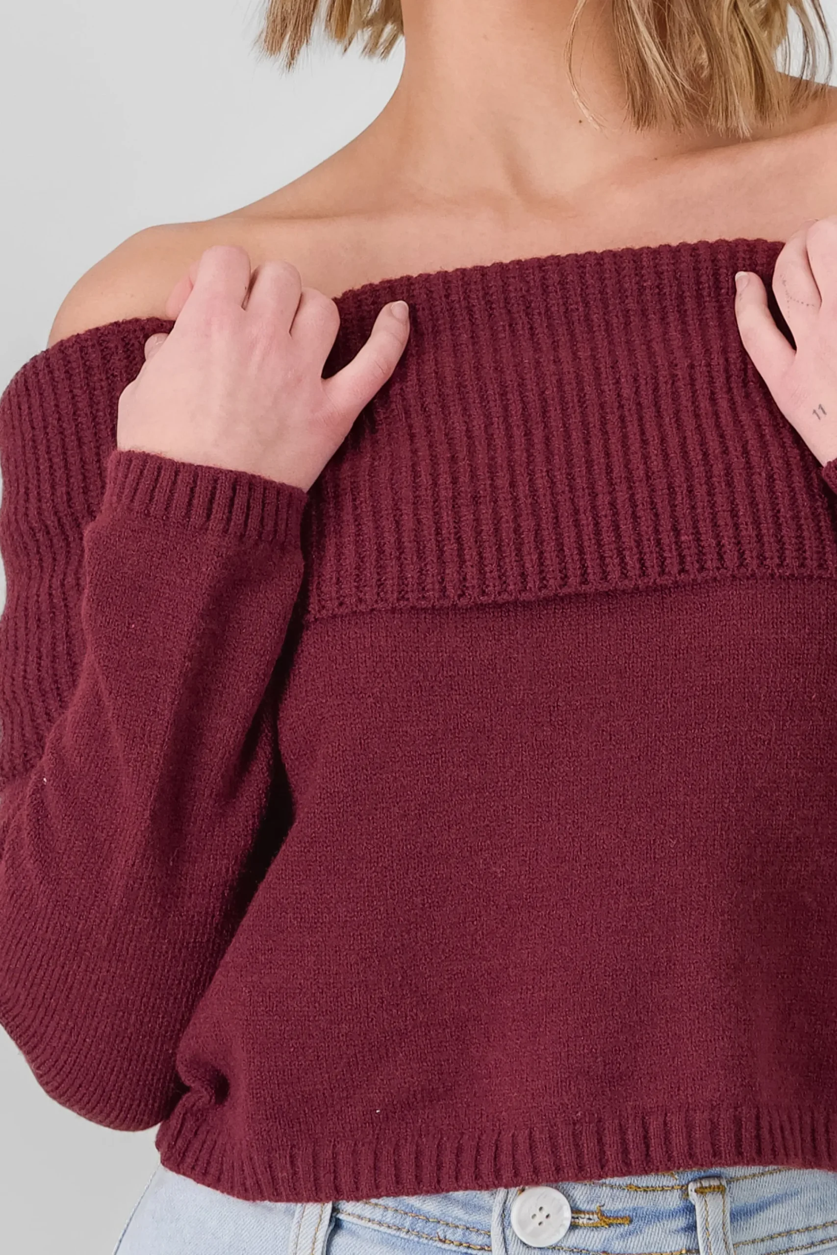 Shasa Off Shoulder Solid Knit Sweater