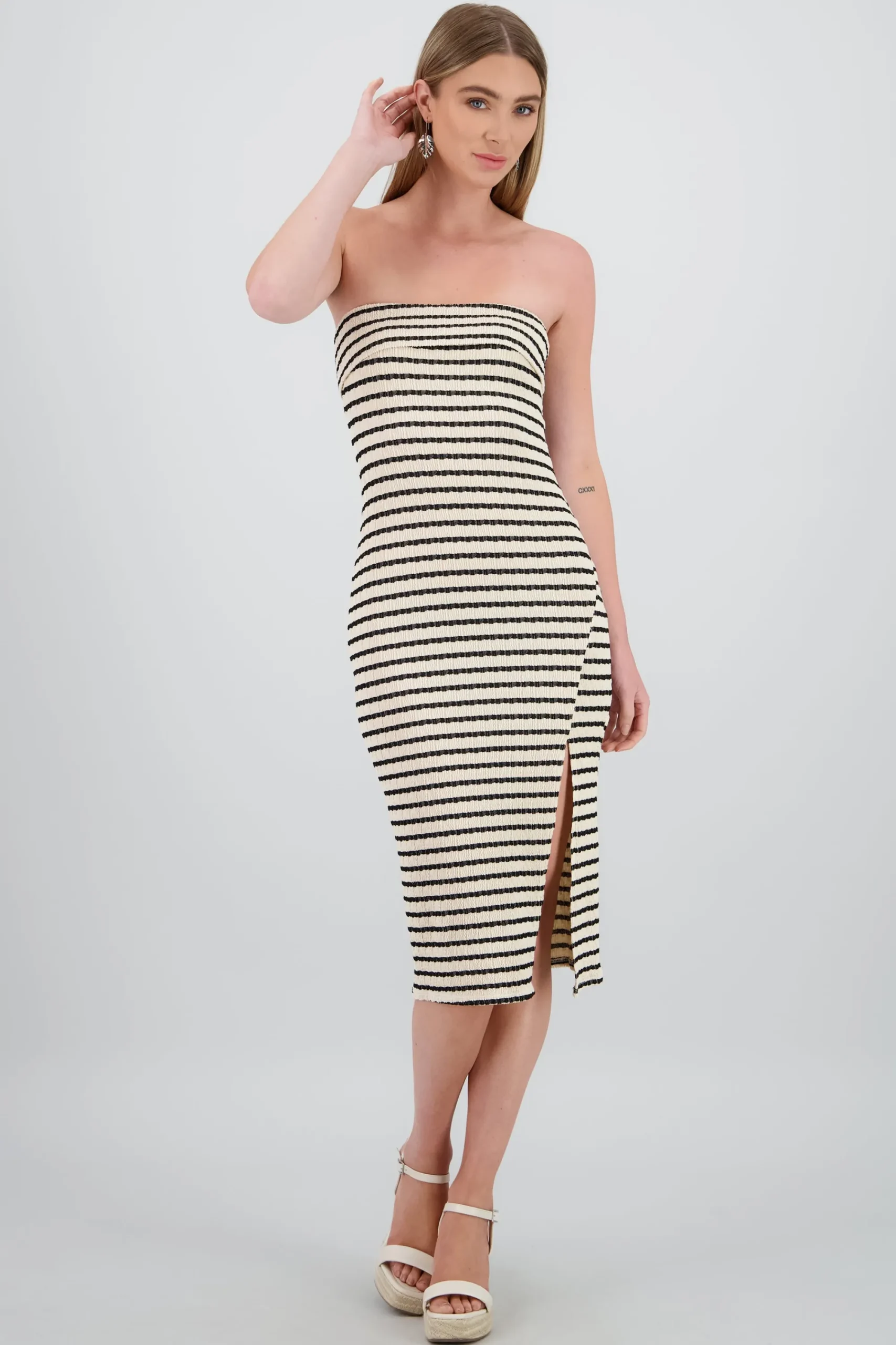 Shasa Off Shoulder Striped Print Dress