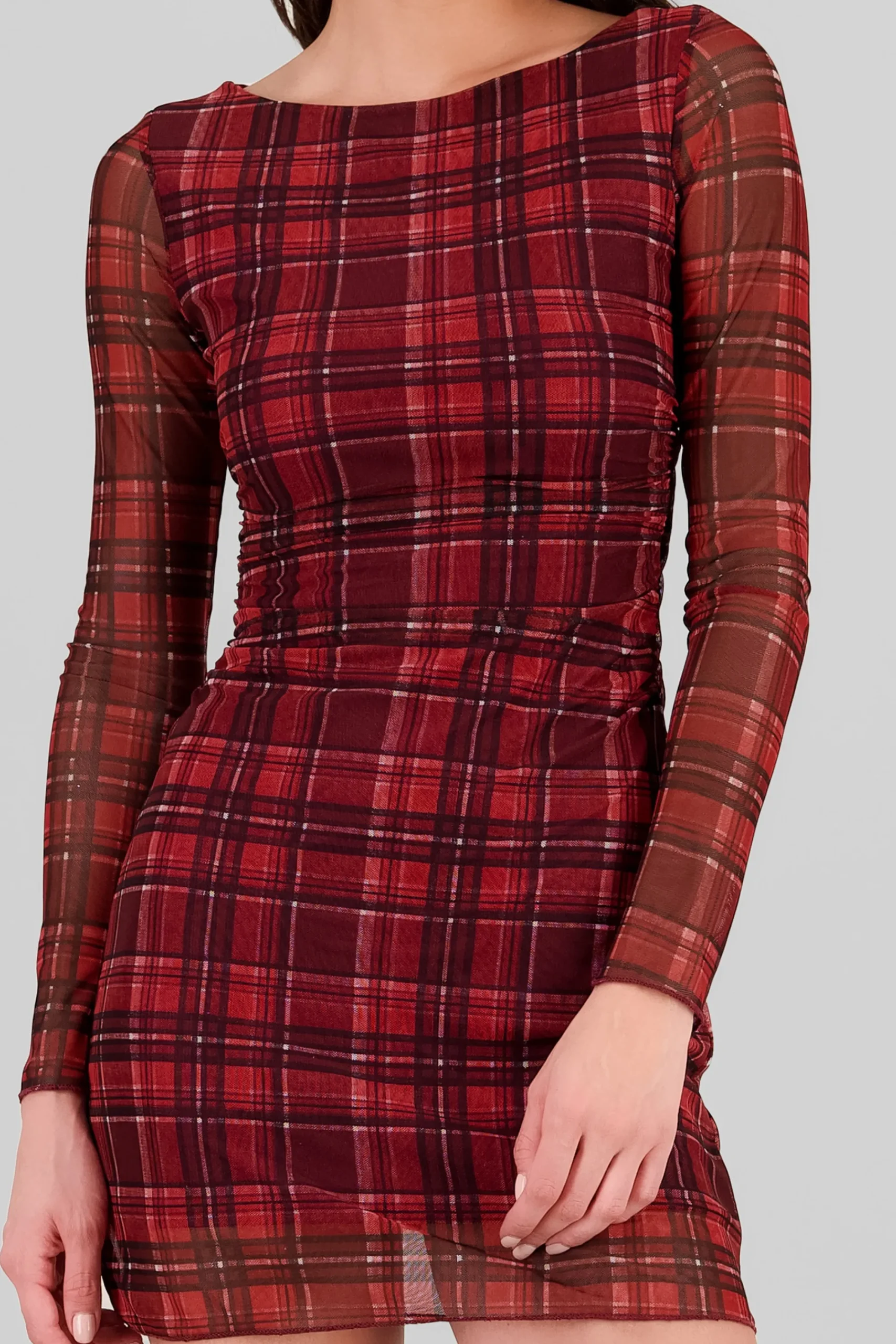 Shasa Plaid Mesh Long Sleeve Mini Dress