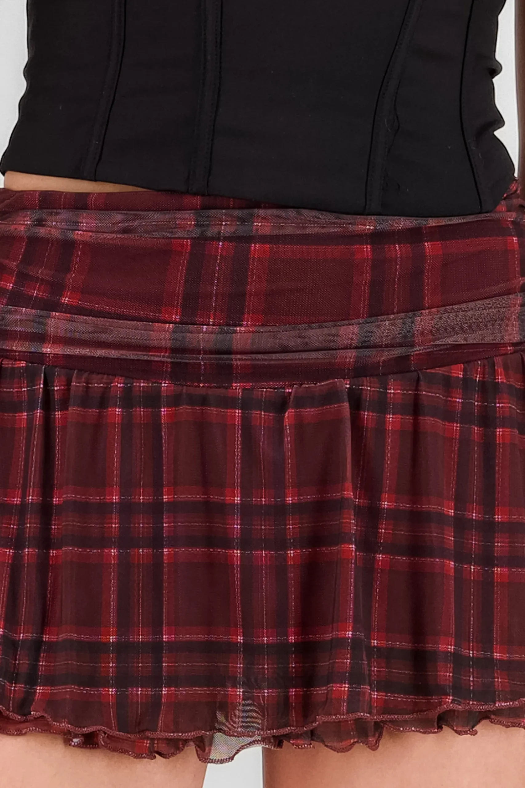 Shasa Plaid Ruffled Mesh Mini Skirt