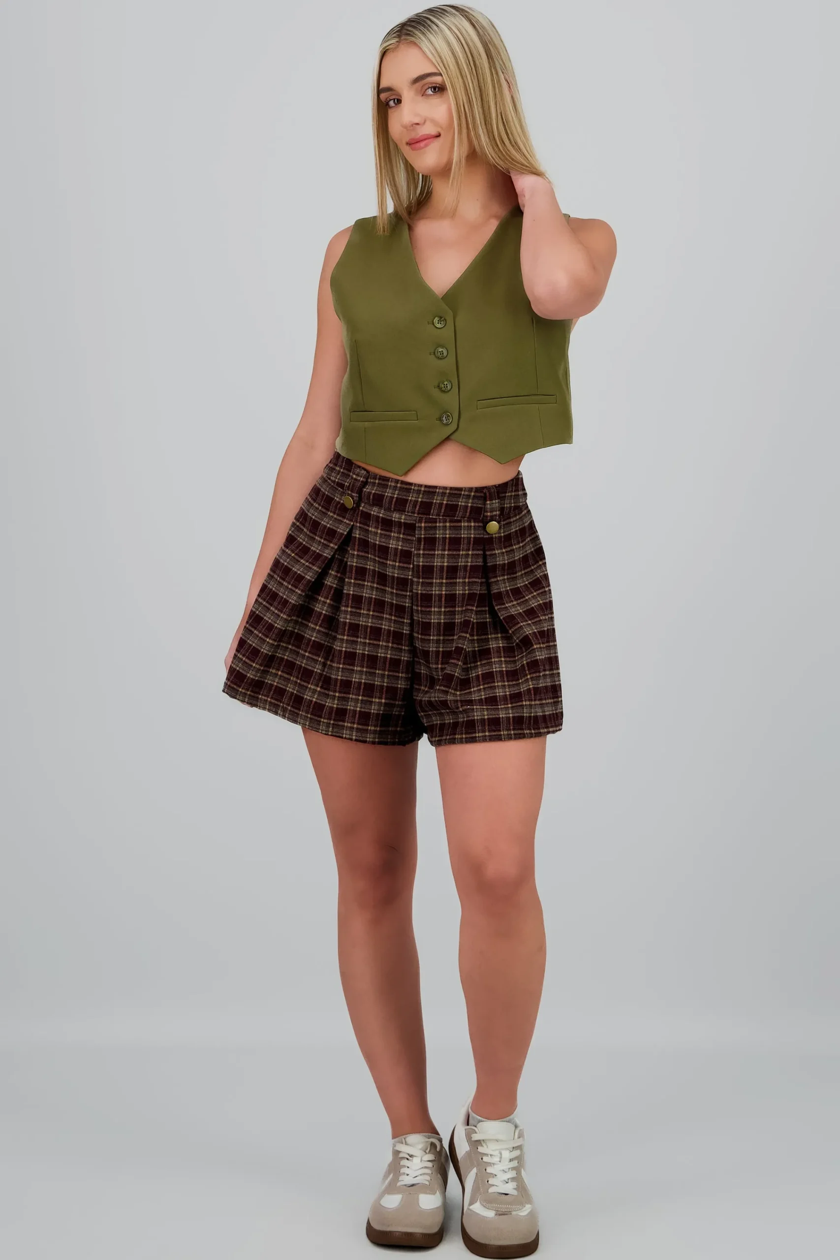 Shasa Plaid Skort with Button Detail