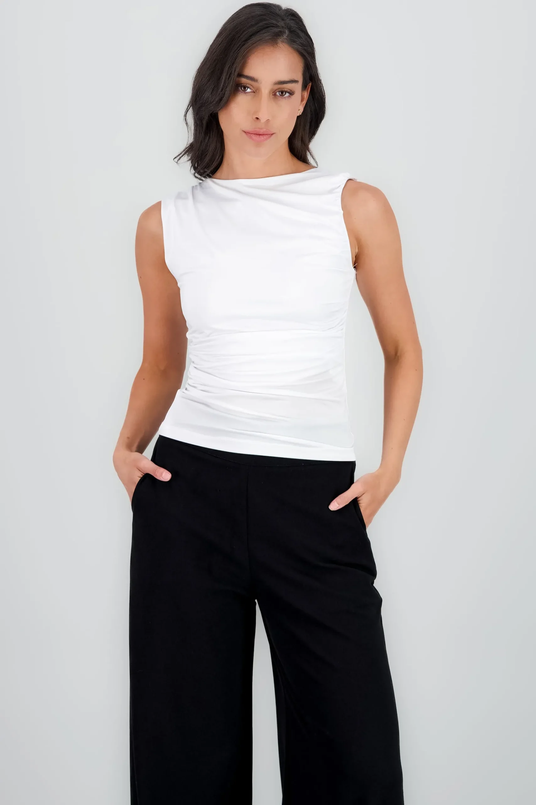 Shasa Pleated Solid Shoulder Top
