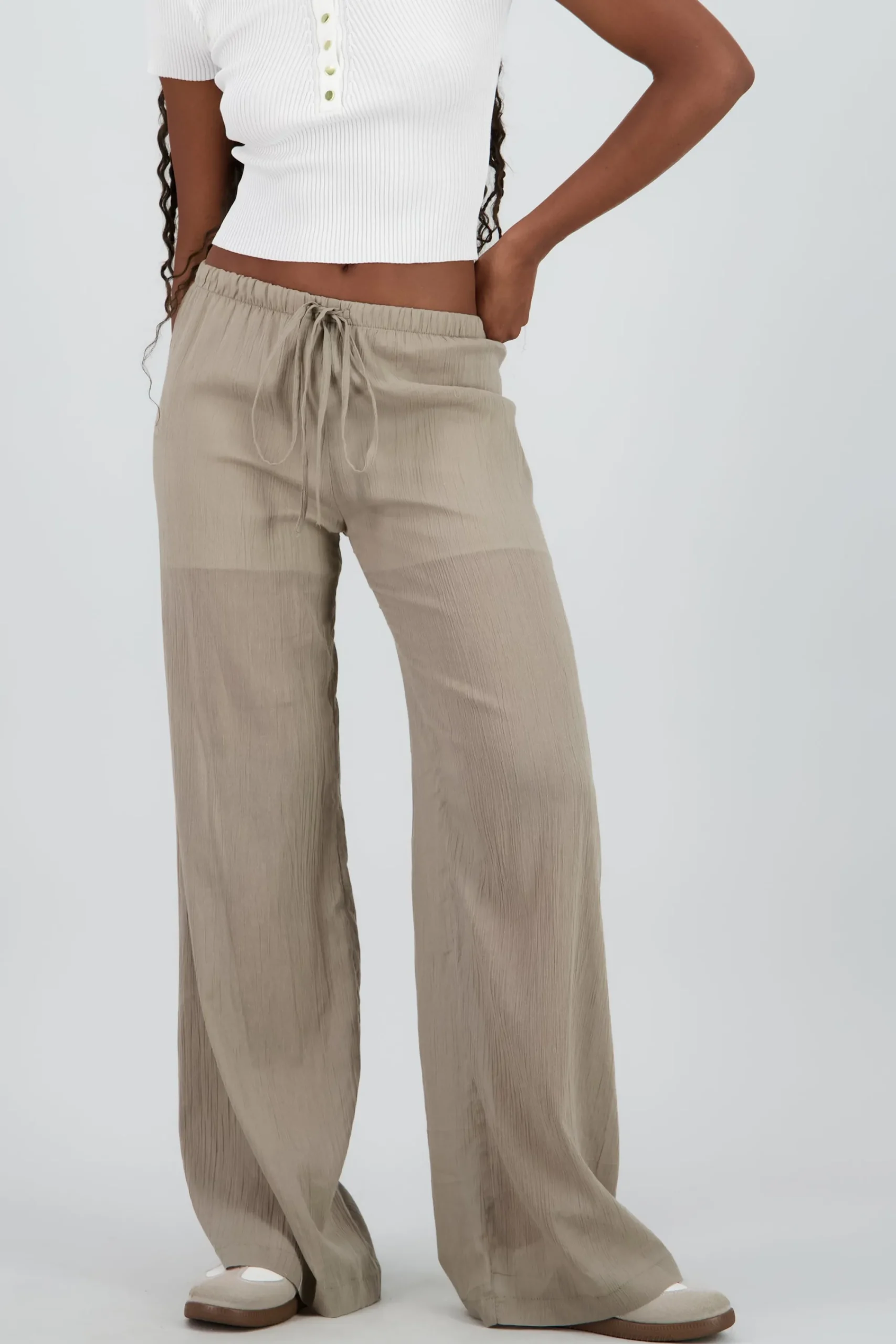 Shasa Pleated Textured Pants with Drawstring