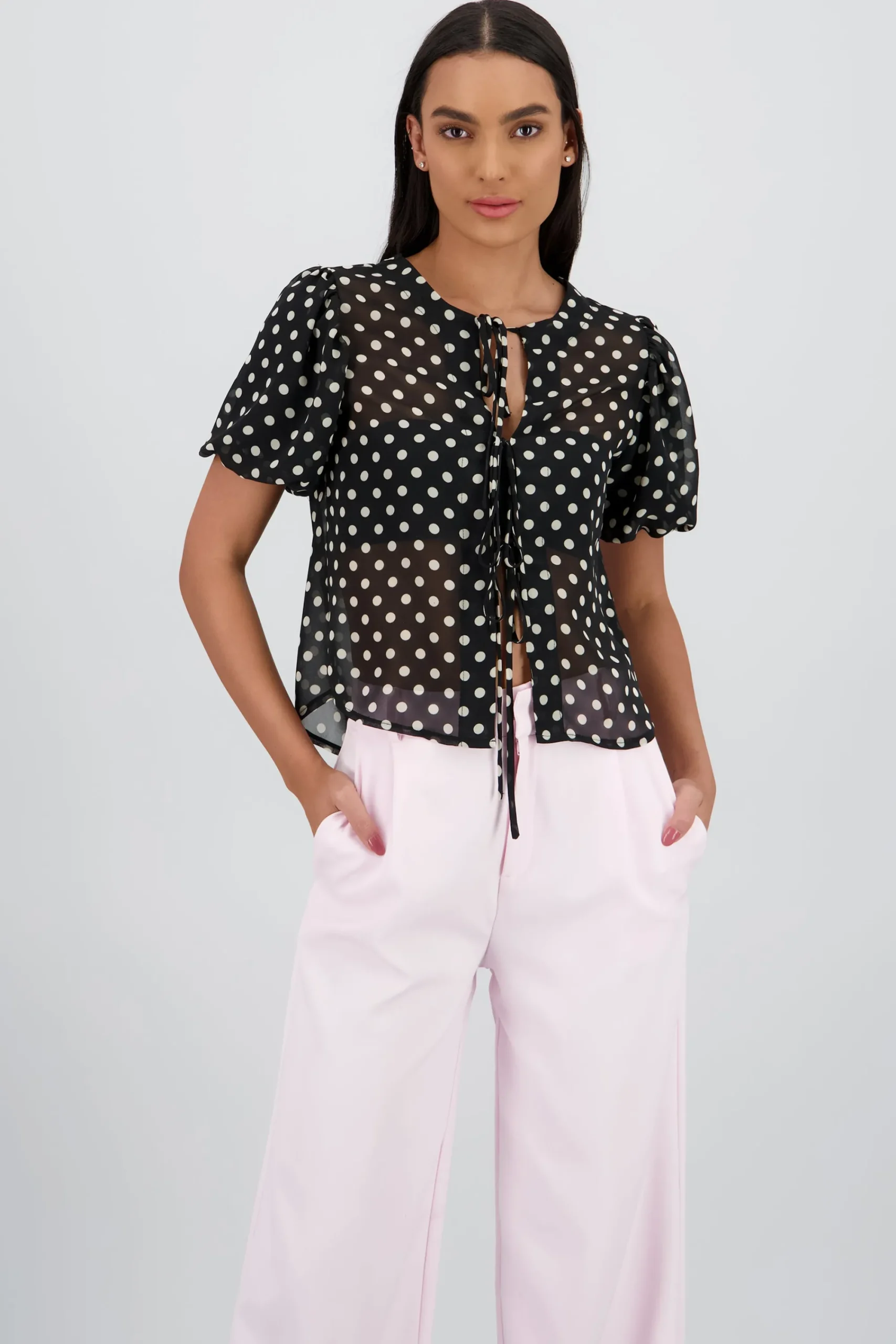 Shasa Polka Dot Puff Sleeve Top with Bow Detail
