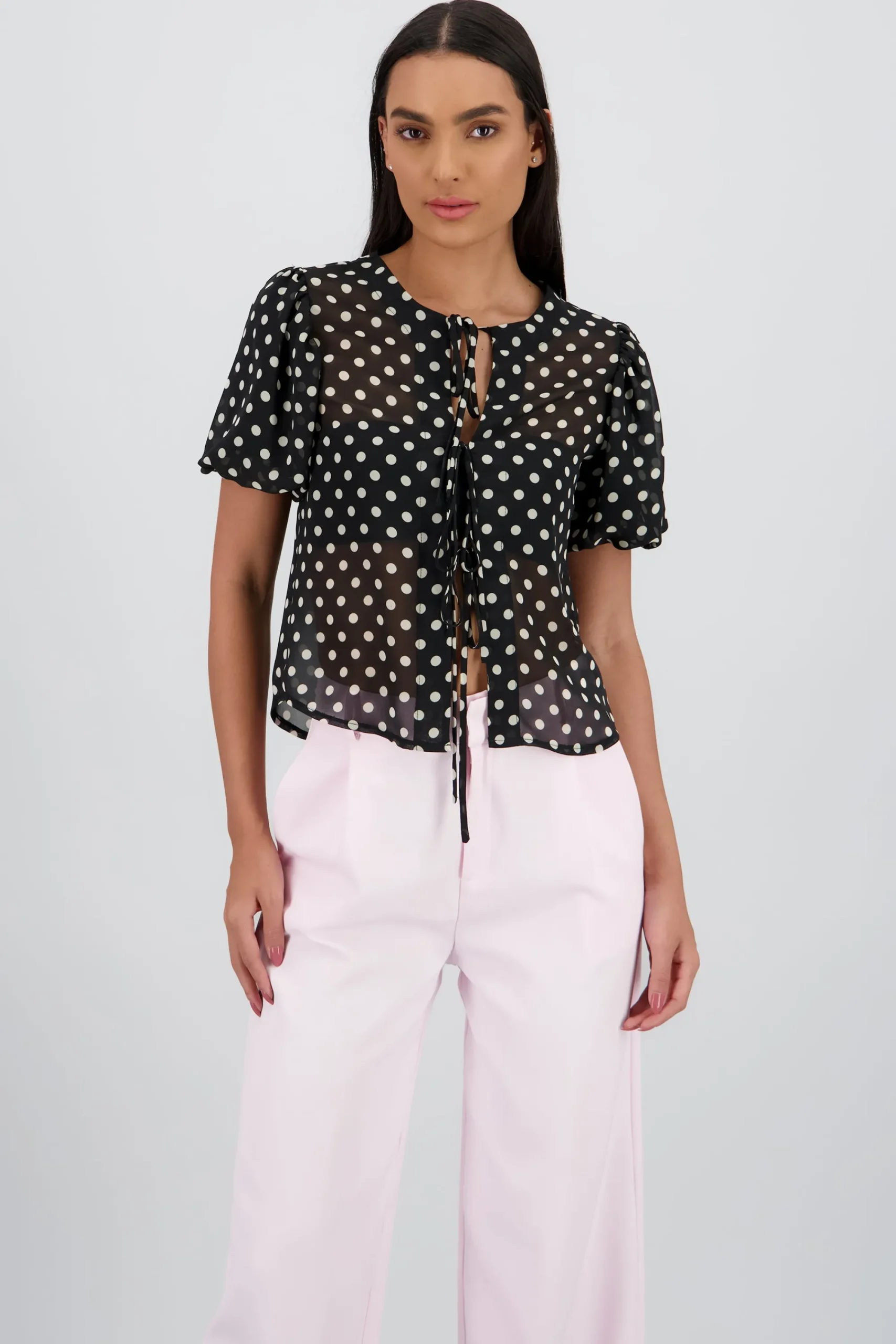 Shasa Polka Dot Puff Sleeve Top with Bow Detail