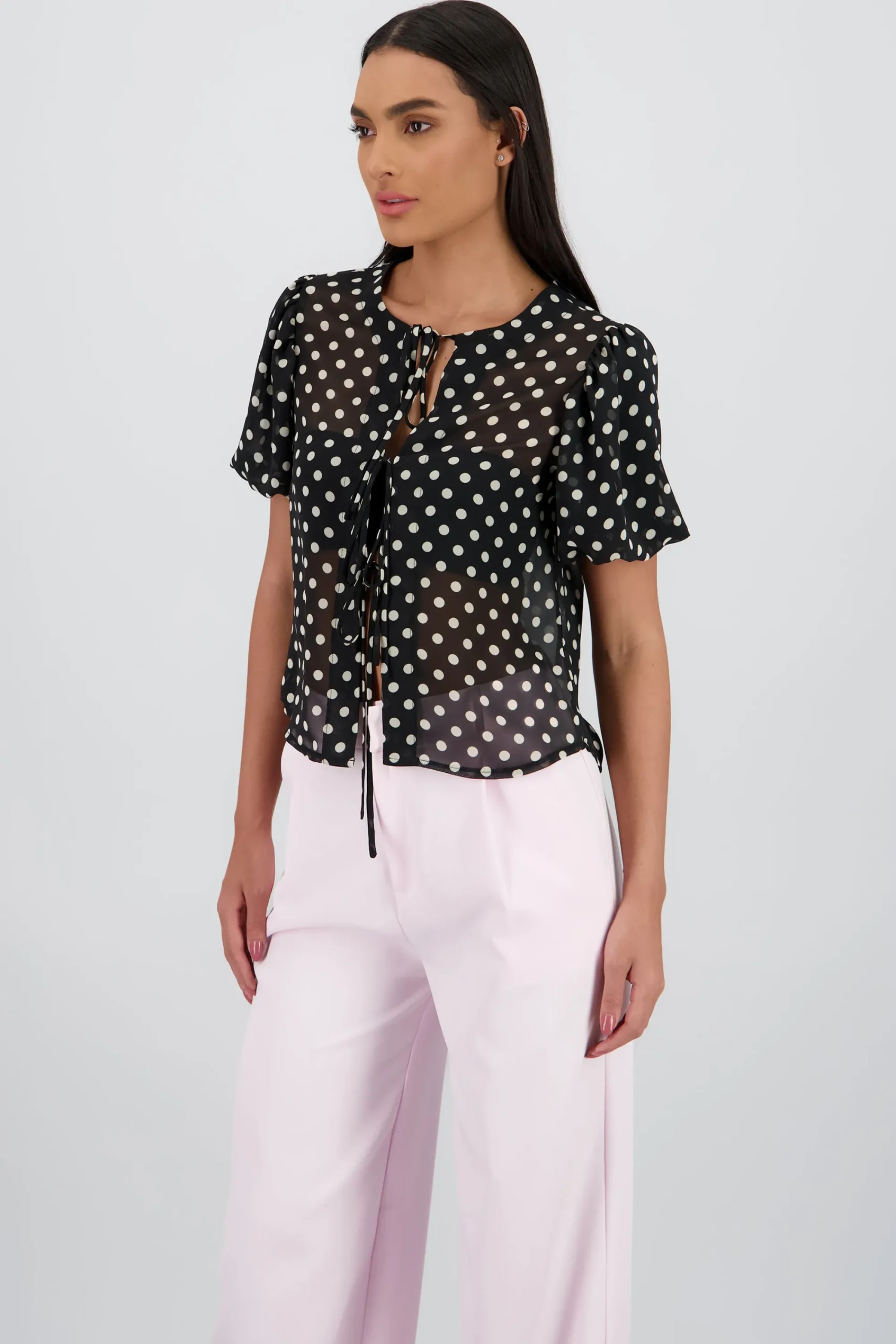 Shasa Polka Dot Puff Sleeve Top with Bow Detail