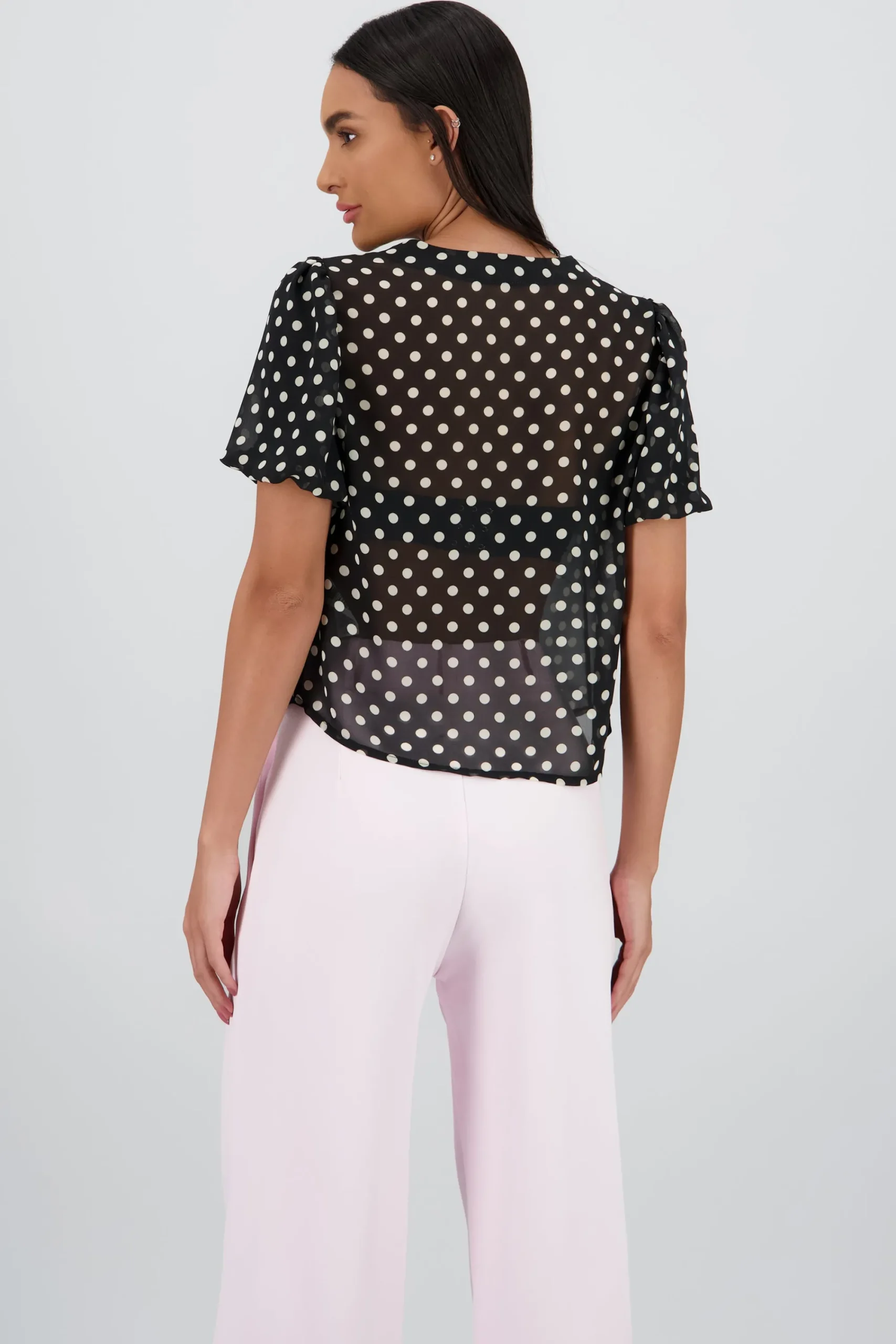 Shasa Polka Dot Puff Sleeve Top with Bow Detail