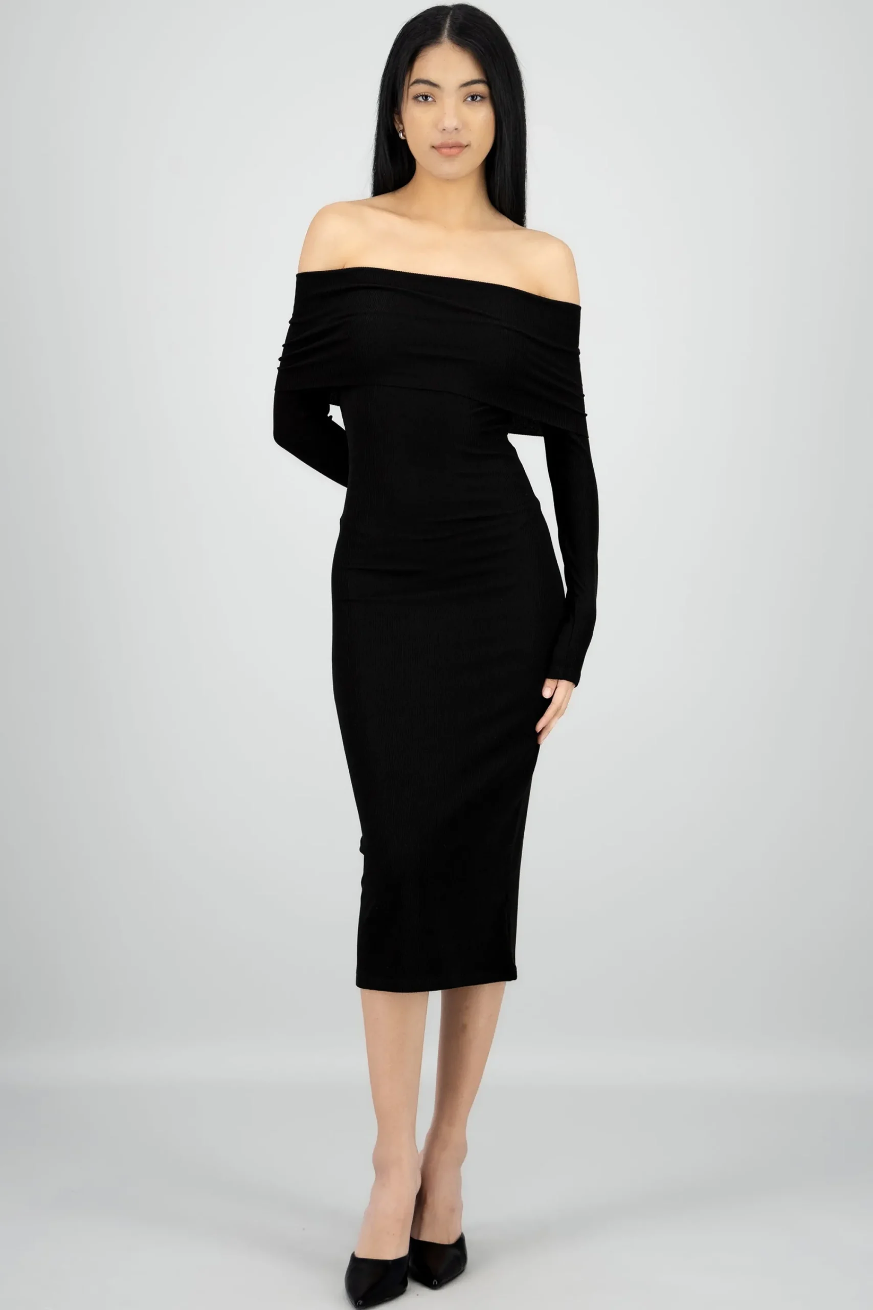 Shasa Ribbed Off Shoulder Midi Dress