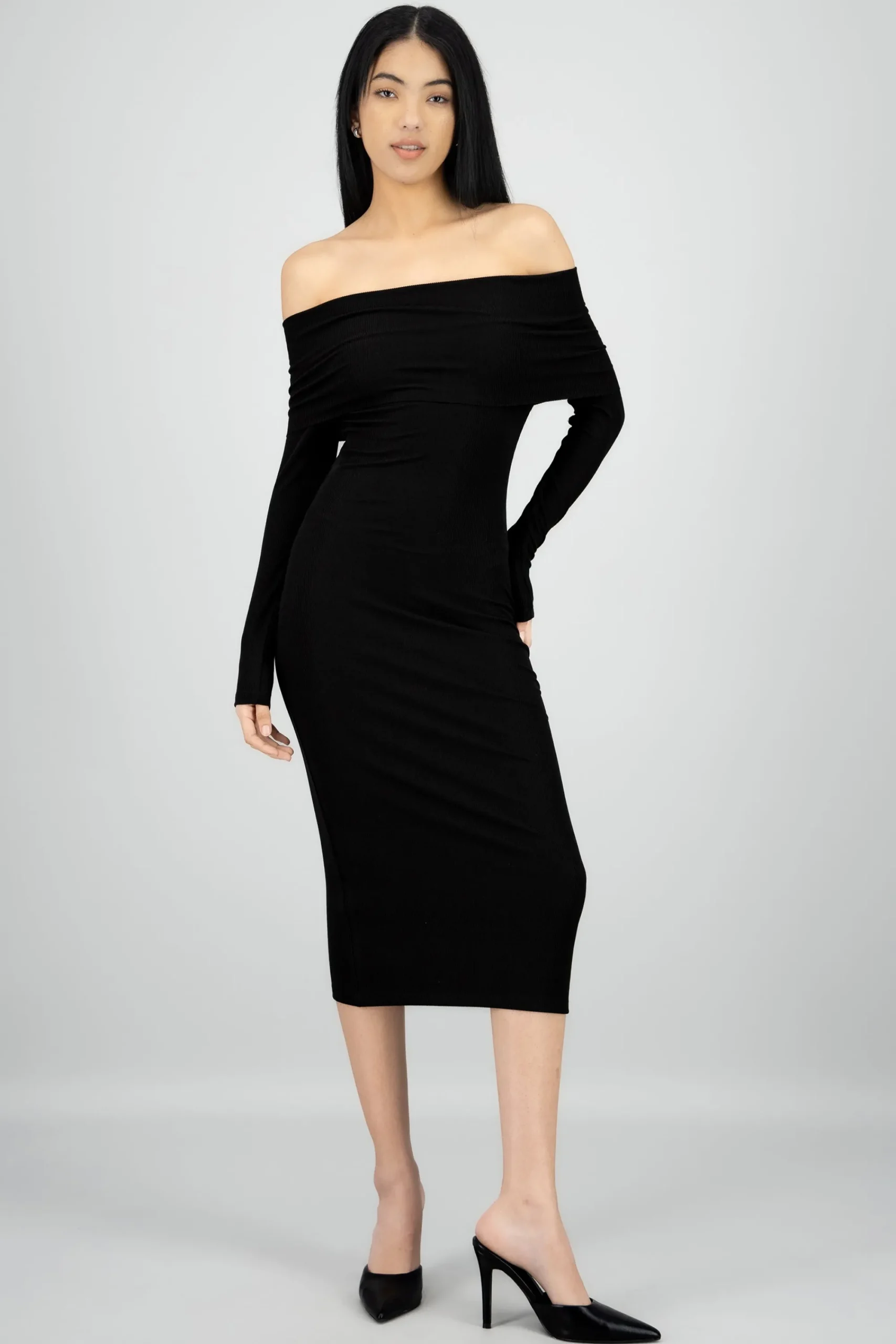 Shasa Ribbed Off Shoulder Midi Dress