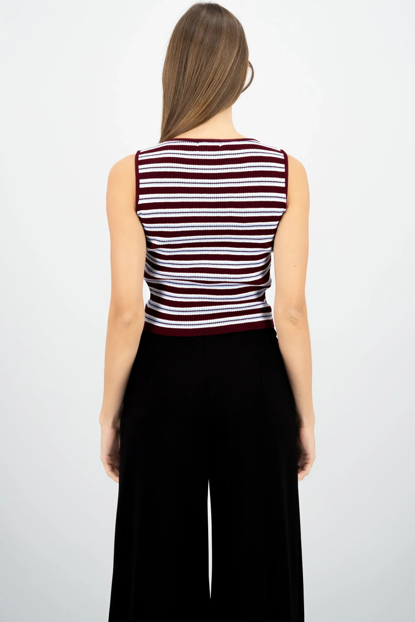 Shasa Ribbed Round Neck Striped Top
