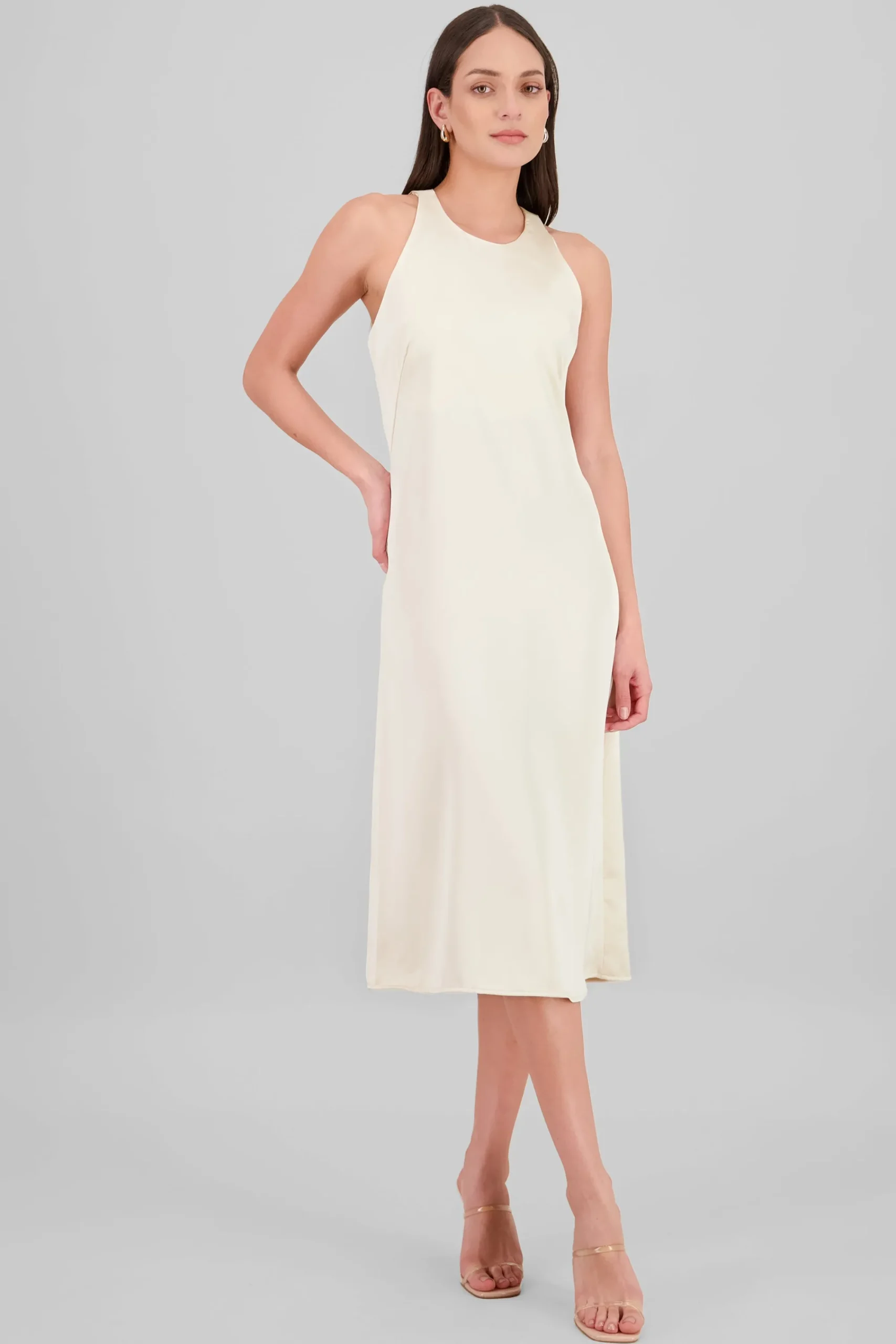 Shasa Round Neck Satin Midi Dress
