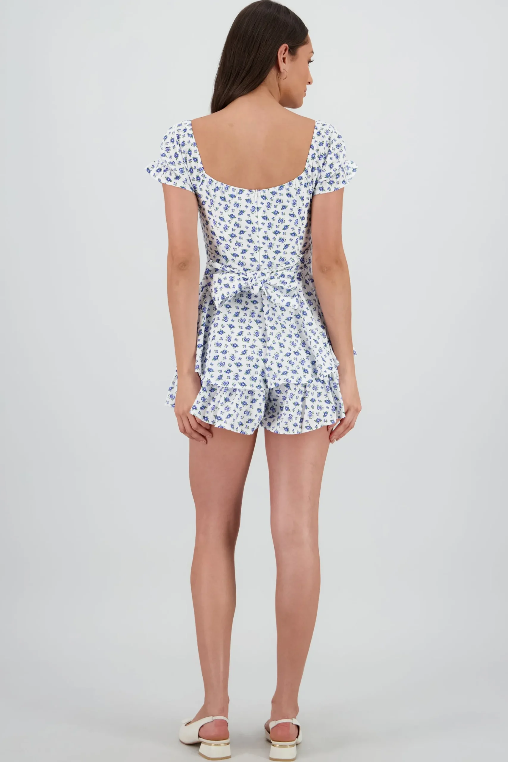 Shasa Ruffled Floral Romper with Embroidered Details